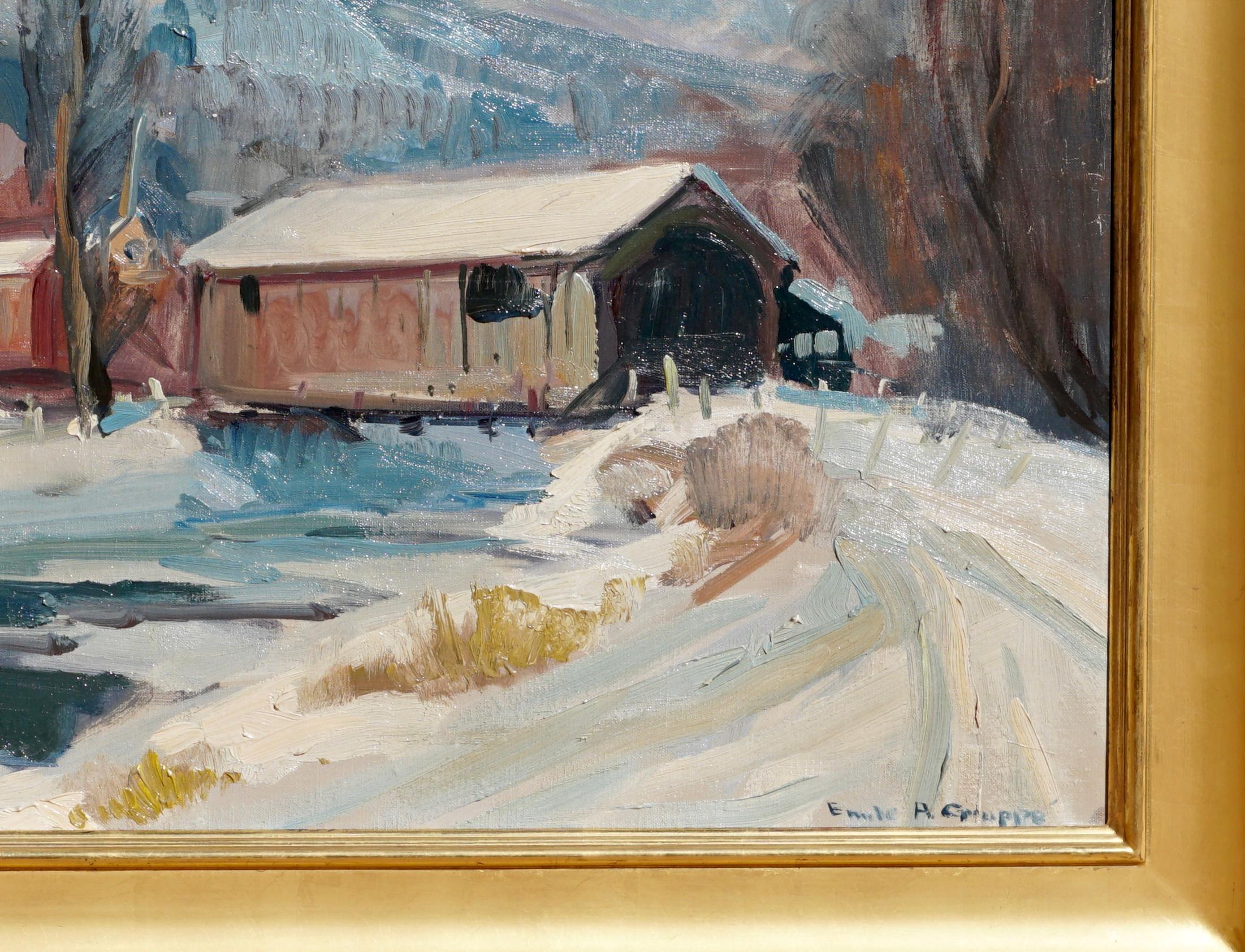 Hand-Painted Emile Albert Gruppe 'Mass 1896-1978' “Covered Bridge” Snow Painting