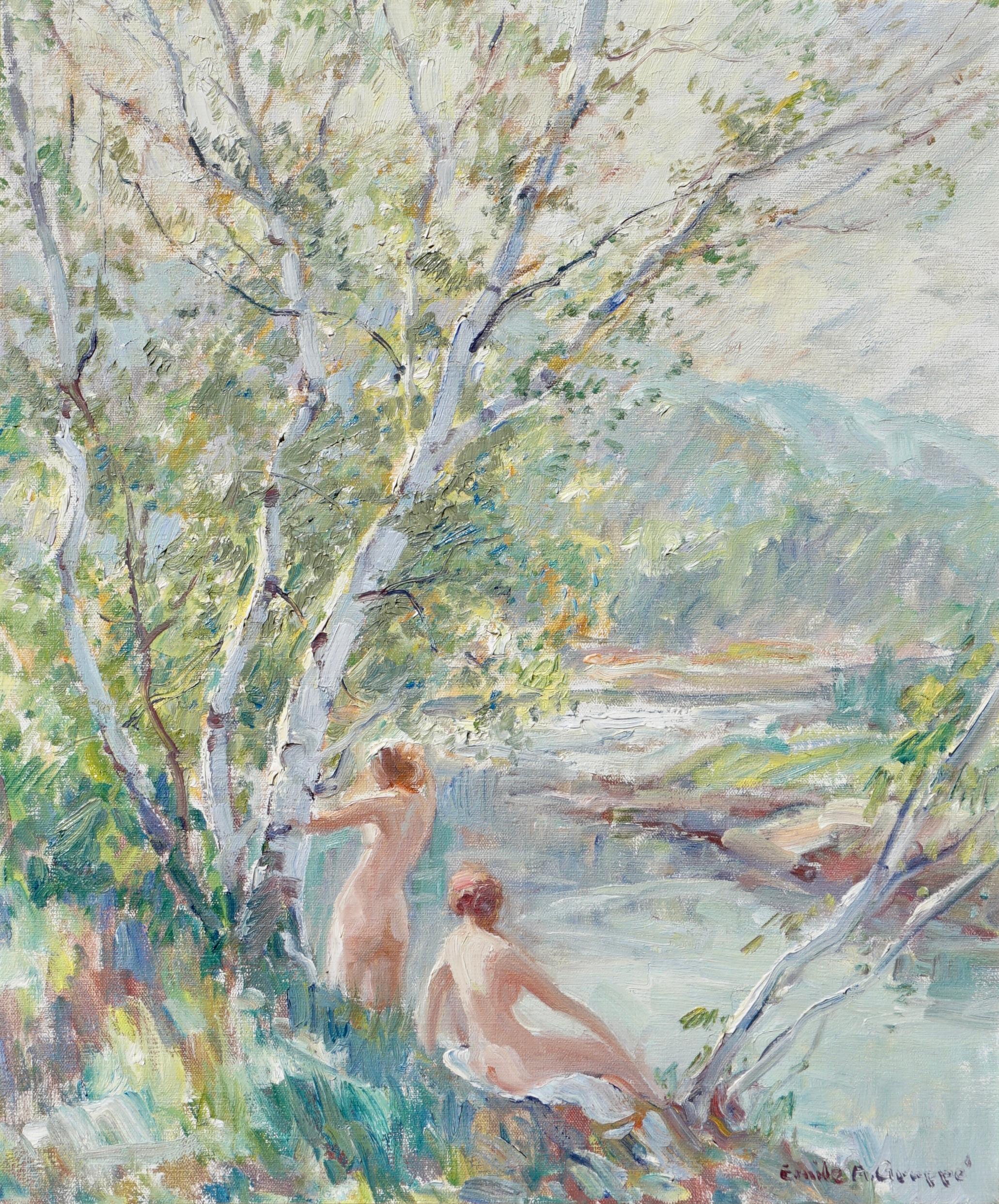 An absolutely amazing post Impressionist painting with a cascade of bright colors showing nudes by a riverside with birch trees in the foreground and mountains in the background. Emile Gruppe turned out countless paintings so when you find a diamond