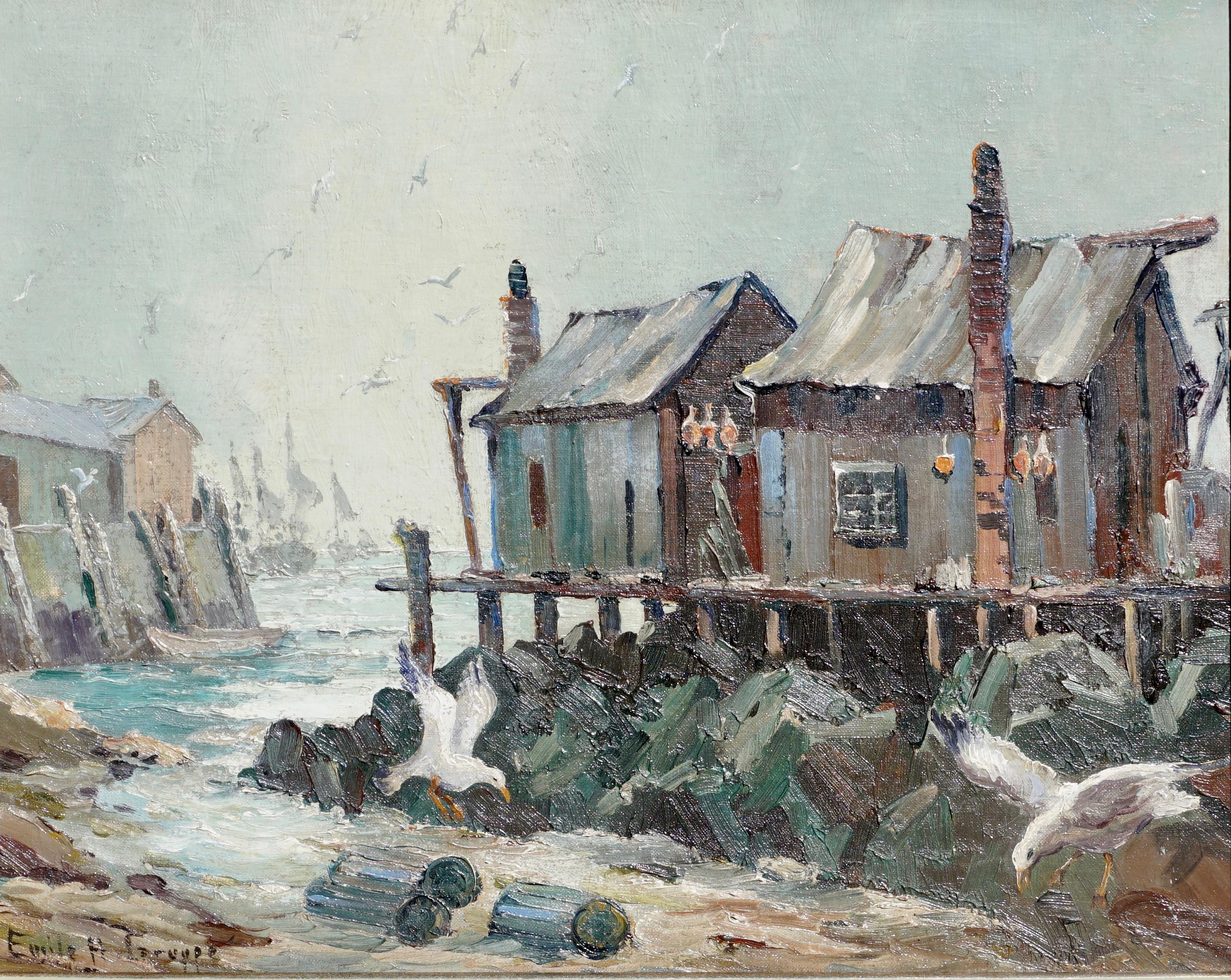 Emile Gruppe (American, 1896-1978), oil on canvas board, circa 1940.

An absolutely amazing post impressionist painting using knifing technique which is very rare for Gruppe. The painting shows shacks at low tide when the fishing boats are out