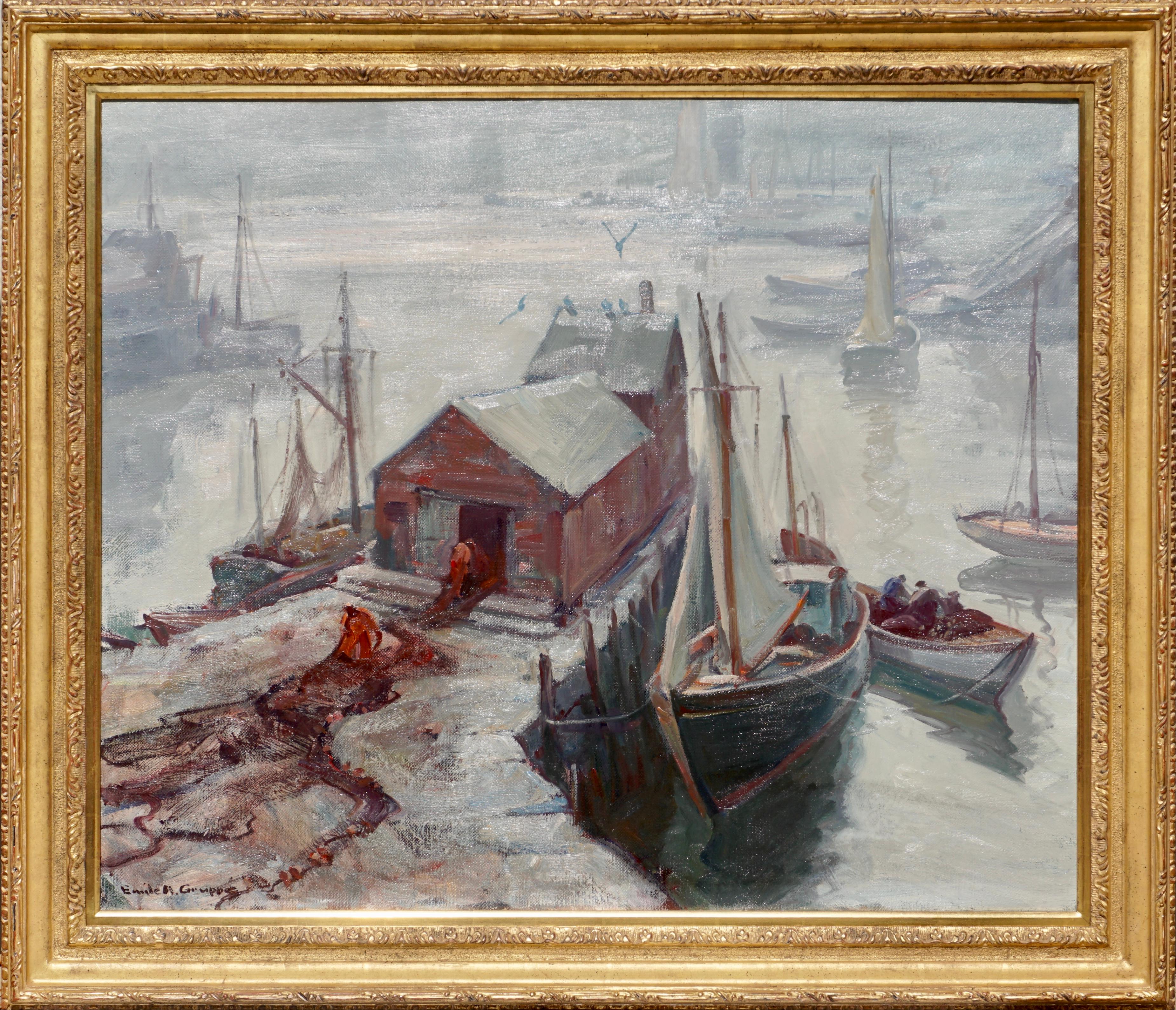 Emile Gruppe (American, 1896-1978) Motif #1, Rockport, Massachusetts. A cold , rainy and gray morning or evening in Rockport gethhing the nets in order to start the day of fishing and an honest days work.

Oil on canvas. Signed (lower left) and