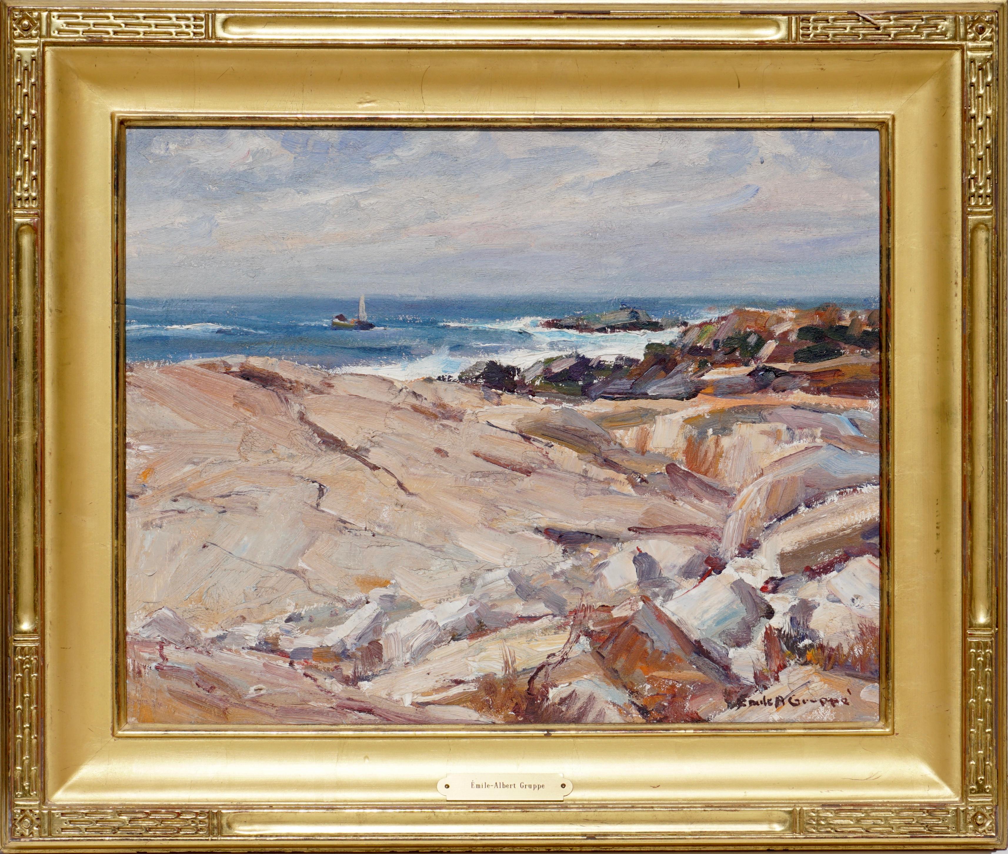 Emile Gruppe (American, 1896-1978) Bass Rocks, Gloucester coastal rocky formations with a sea view with a sailboat in the distance.

Oil on artist board. In an appropriate giltwood frame. Signed (lower right).

Canvas: 16 x 20 inches
Framed: