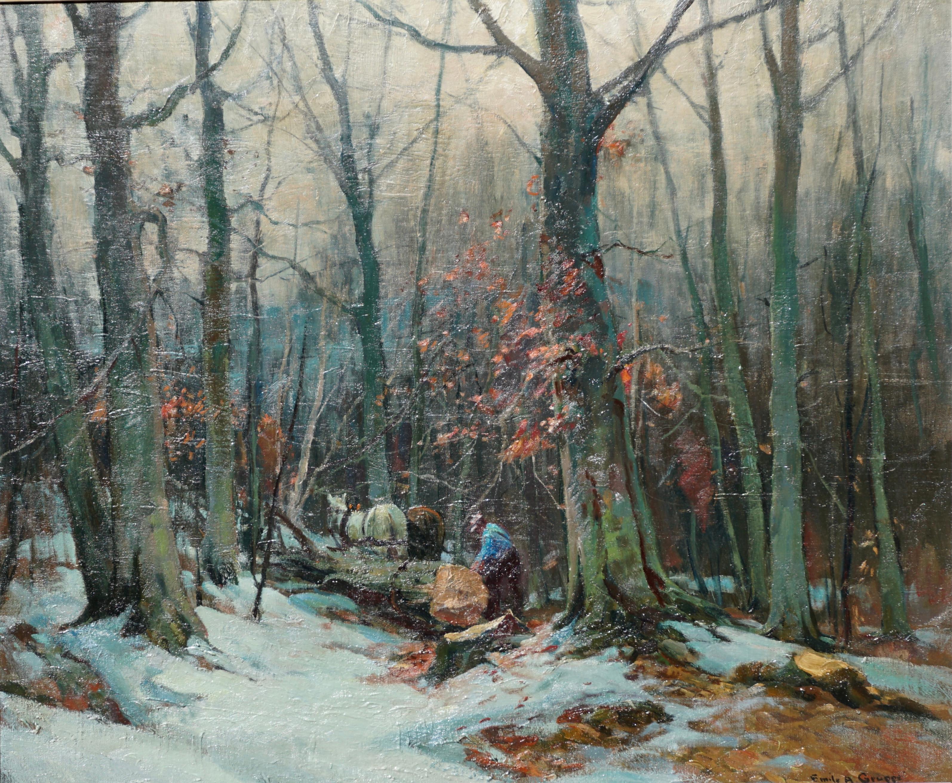 If this painting wasn’t already titled “Woodcutters”; I would call it “Wow!” I’ve owned several Gruppe paintings and this by far; is the best! Large, complex, interesting, rare, older and pristine, thick paint, original frame and master detail work.