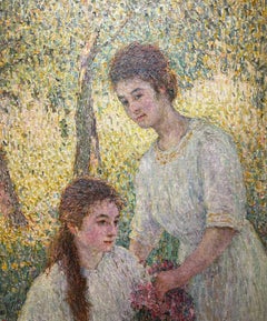 1921 Large French POINTILLIST IMPRESSIONIST Garden Painting Mother W/ Daughter