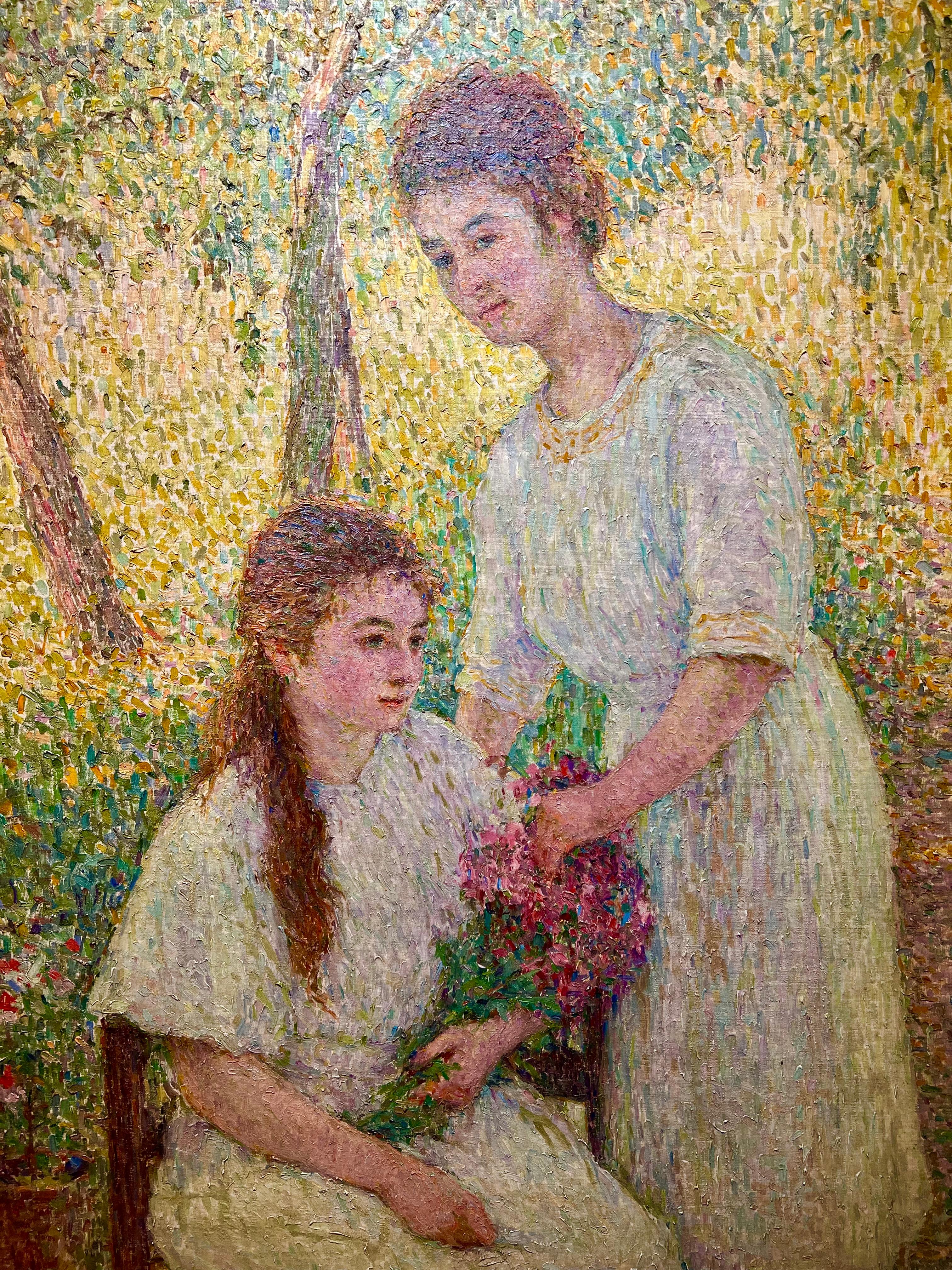1921 Large French POINTILLIST IMPRESSIONIST Garden Painting Mother W/ Daughter  - Brown Figurative Painting by Emile Ancelet