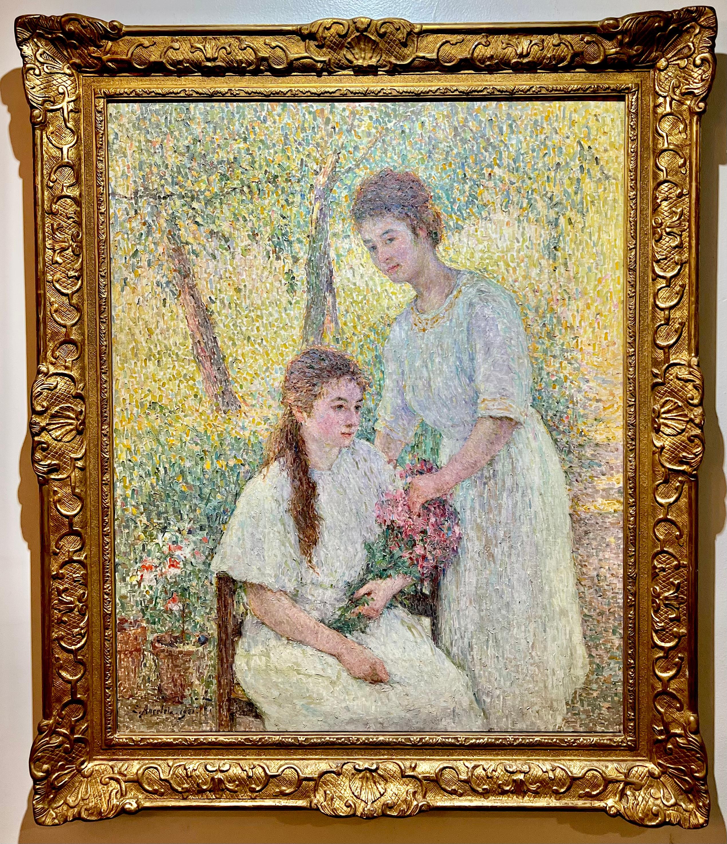 Emile Ancelet Figurative Painting - 1921 Large French POINTILLIST IMPRESSIONIST Garden Painting Mother W/ Daughter 