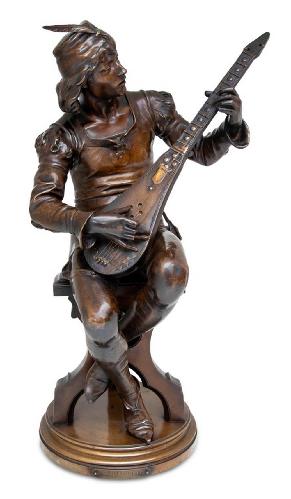 Figurative Sculpture de Emile Andre Boisseau - Emile Boisseau "Le Troubadour" Bronce patinado