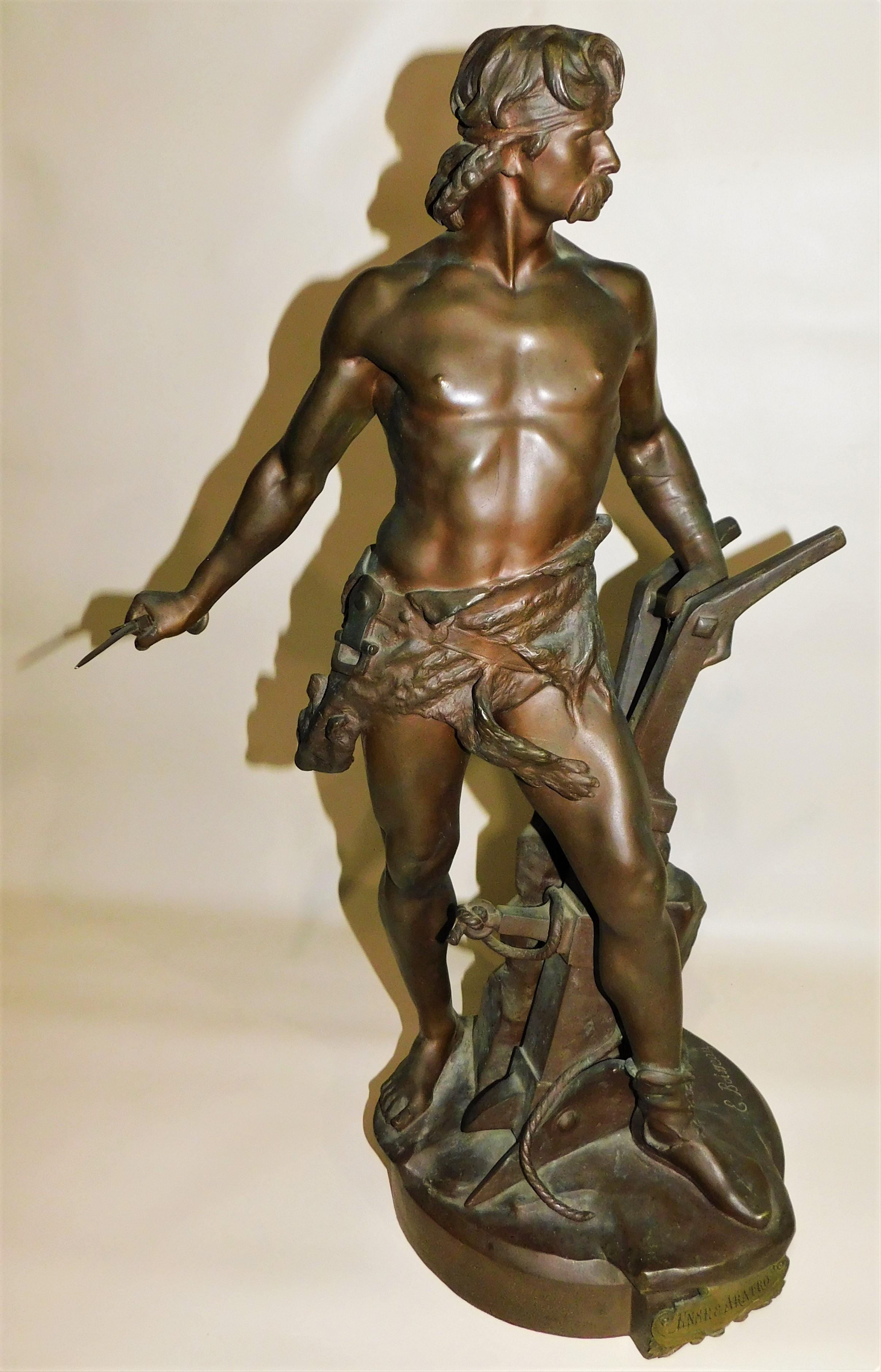 Emile-André Boisseau (1842-1923), bronze figural sculpture of male (warrior) figure wearing a fur loin cloth with a sword/knife in one hand beside a farmers plow. Main title, 