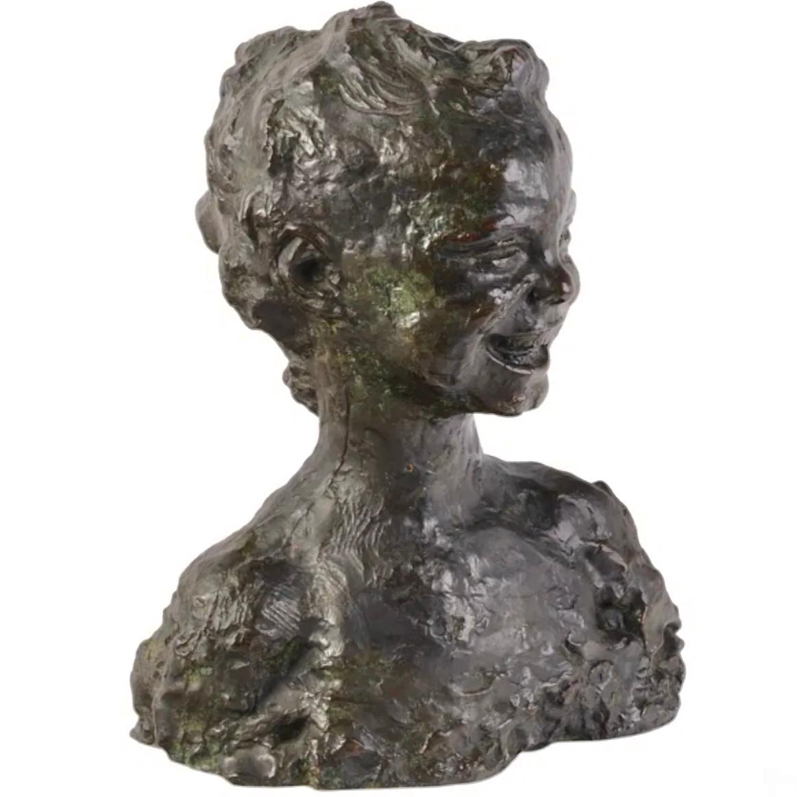 Emile Antoine Bourdelle (French, 1861-1929) Bronze Sculpture 

Bronze brutalist bust titled Enfant Riant (Laughing Child) Most probably modeled by his daughter; Rhodia. Bourdelle was a dark brutalist sculptor ; yet this rare bronze depicts a smiling