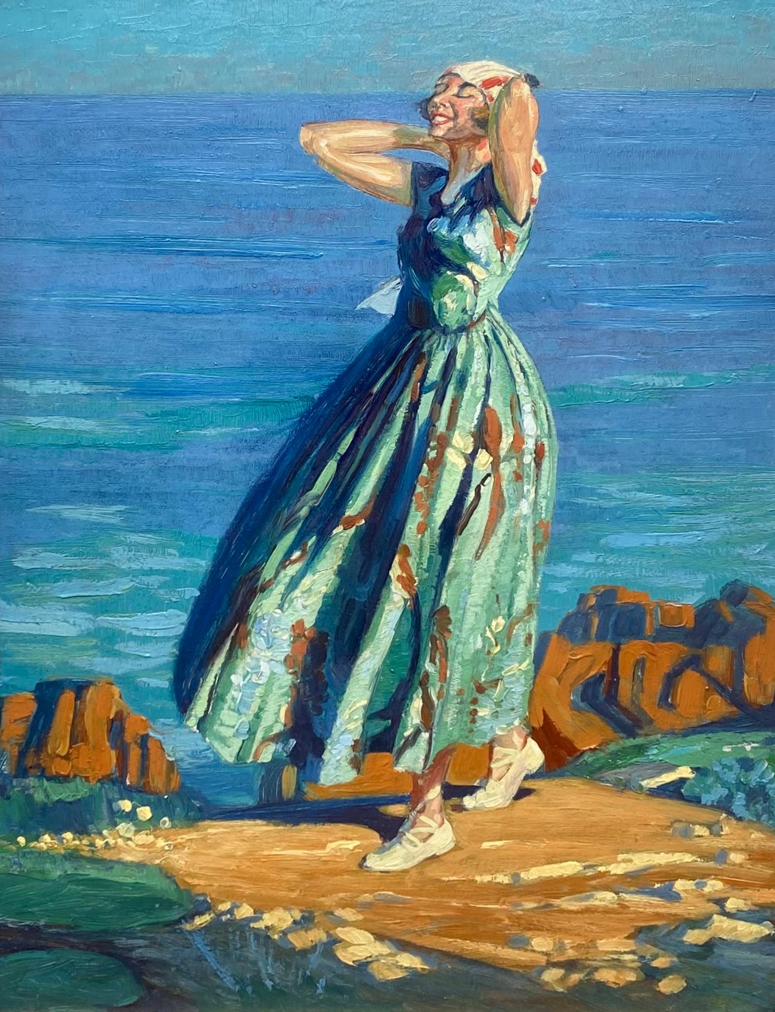  Emile Aubry Landscape Painting - Holiday in Estérel Oil on Cardboard, Art Deco, Circa 1925, Framed