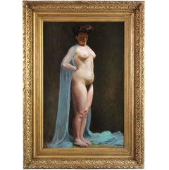 Attributed to Carolus-Duran Nude with Blue Veil Oil Painting, c.1890, Framed