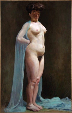 Study nude oil on canvas "lady with a blue veil" French school 19thl