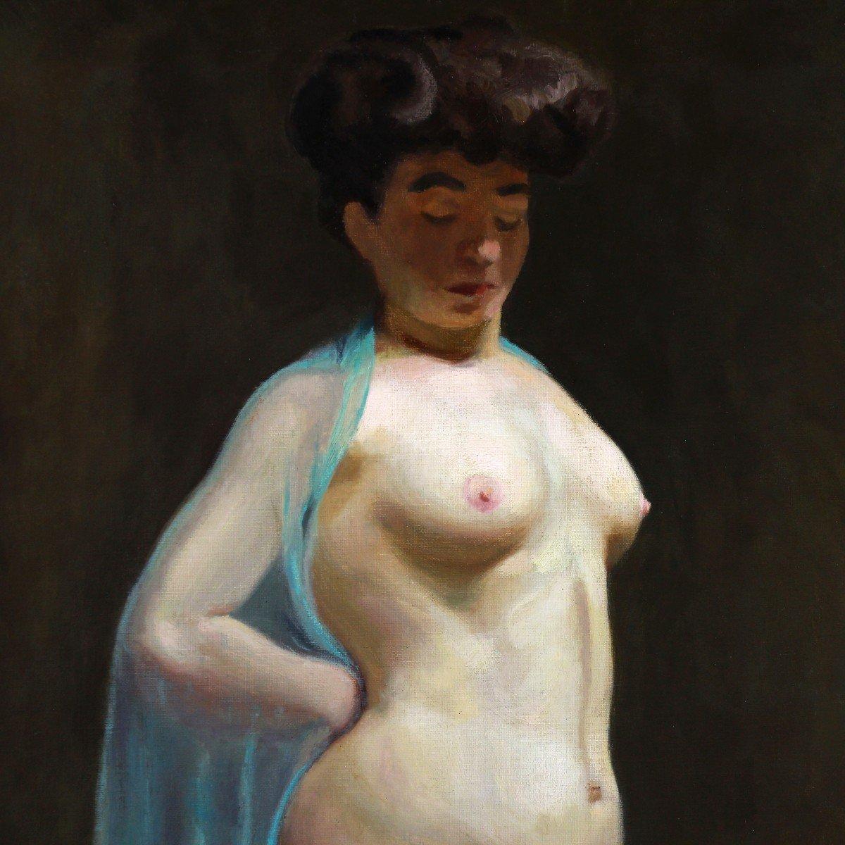Studie Akt Öl auf Leinwand „Frau mit blauem Schleier“ Französische Schule 19. Jahrhundert  (Gold), Nude Painting, von Emile Auguste Carolus-duran (1837-1917 )