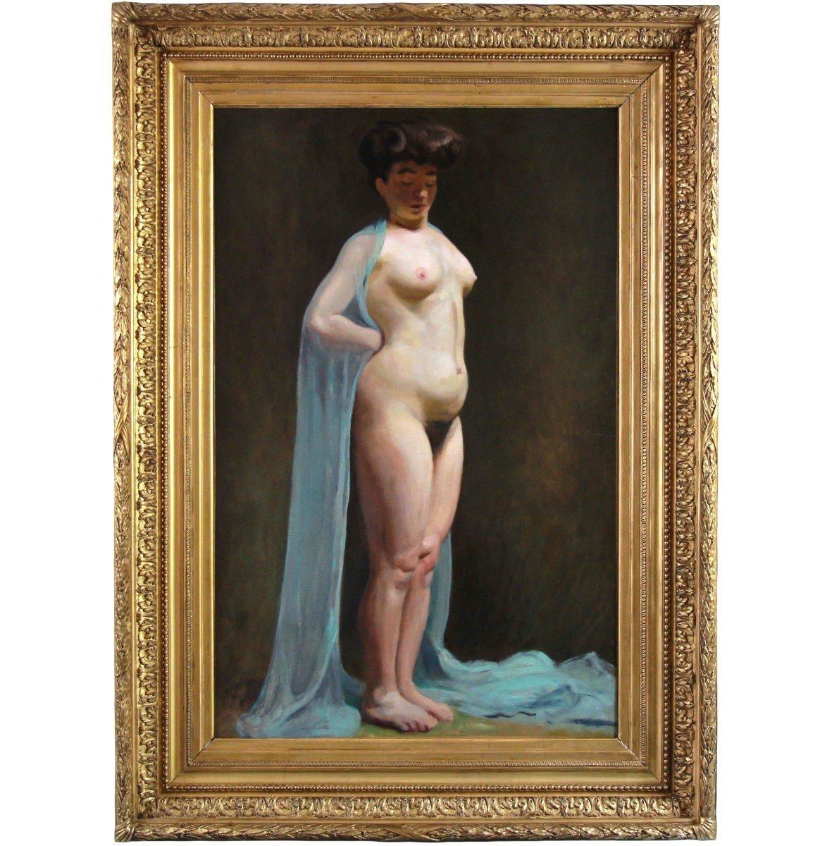 Studie Akt Öl auf Leinwand „Frau mit blauem Schleier“ Französische Schule 19. Jahrhundert 