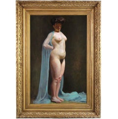 Antique Study nude oil on canvas "lady with a blue veil" French school 19thl 