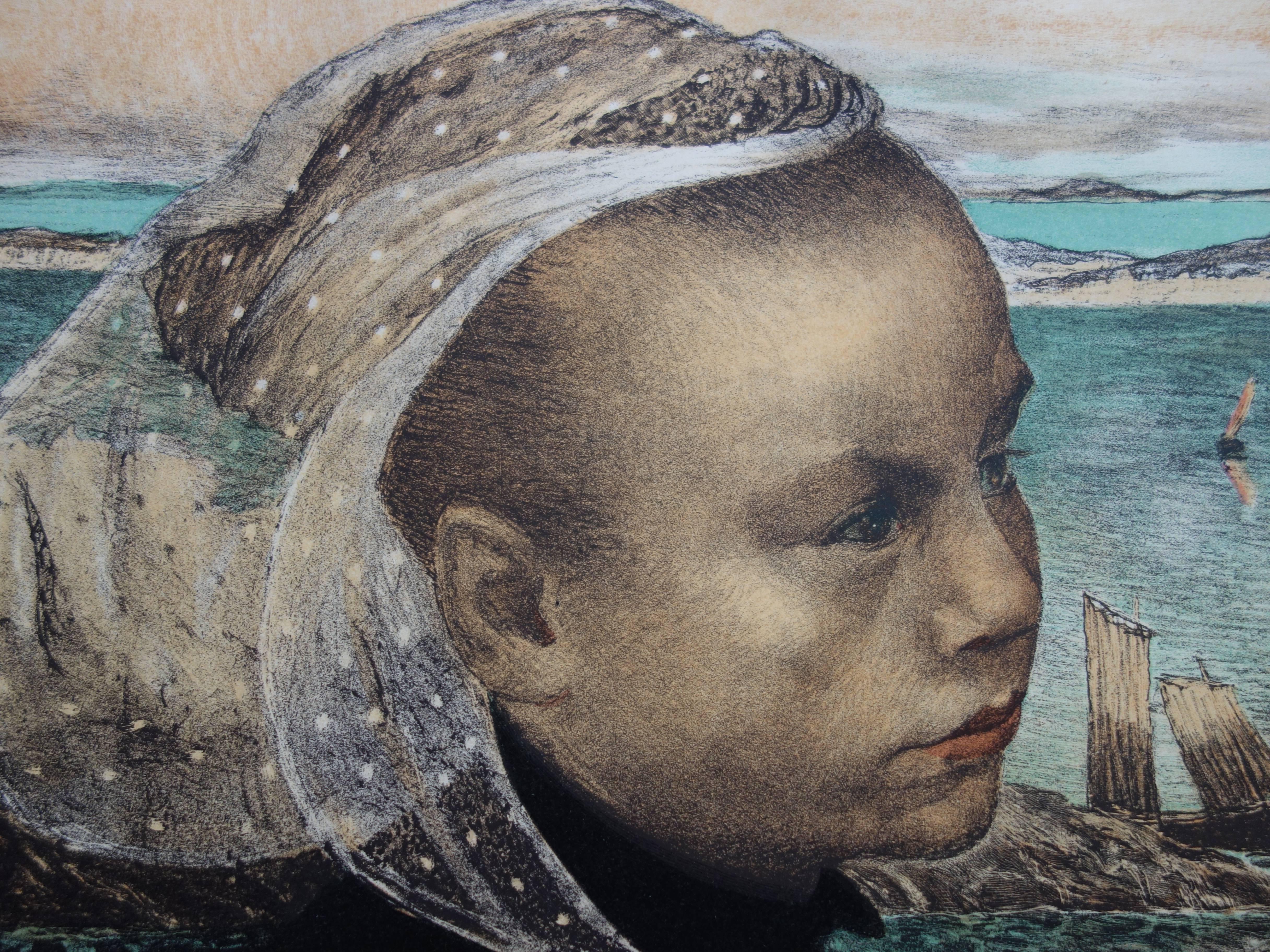 Bretagna - Litografia originale (1897-1898) - Figurative Print Grigio di Emile-Auguste Wery