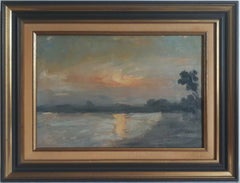 Sunset on the Lake, Impressionist Follower of Monet, Original antique oil/canvas