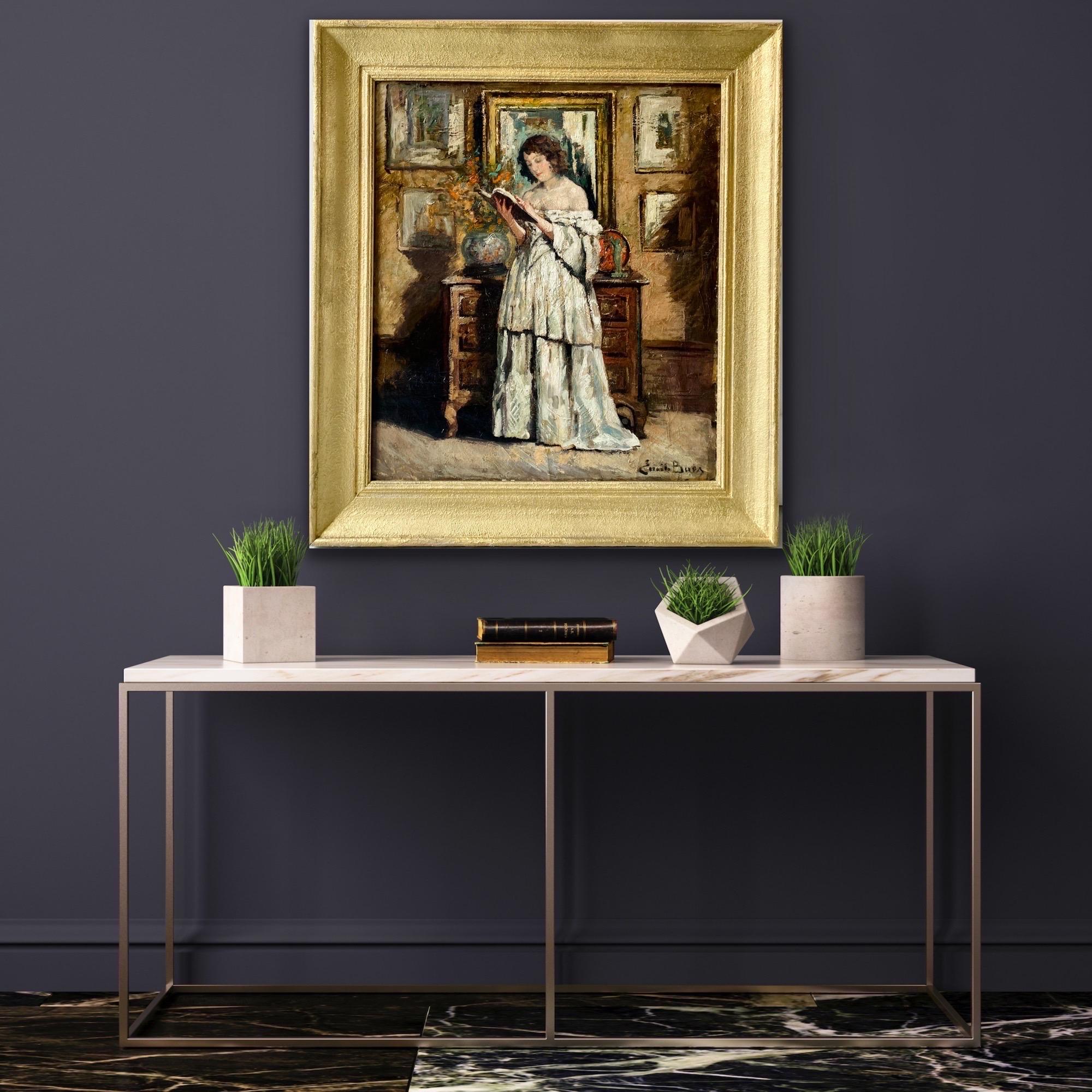 Large belle epoque oil painting - A lady reading - female portrait interior - Painting by Emile Baes