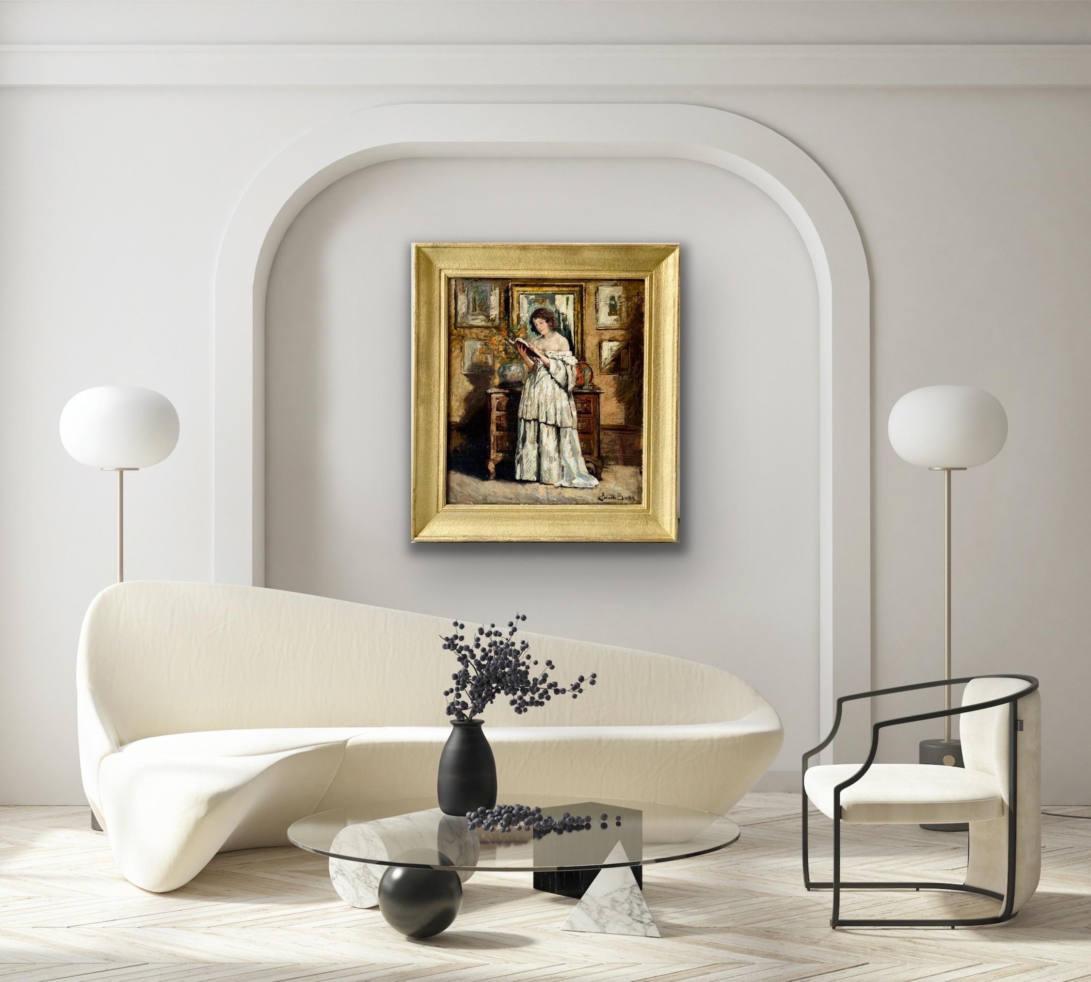 Large belle epoque oil painting - A lady reading - female portrait interior 1