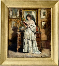 Large belle epoque oil painting - A lady reading - female portrait interior
