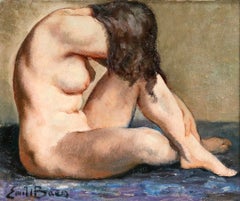 Nude – Öl:: sitzende nackte Brunette-Figur im Innenraum von Emile Baes:: 20. Jahrhundert