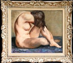 Nude - 20th Century Oil, Seated Nude Brunette Figure in Interior by Emile Baes