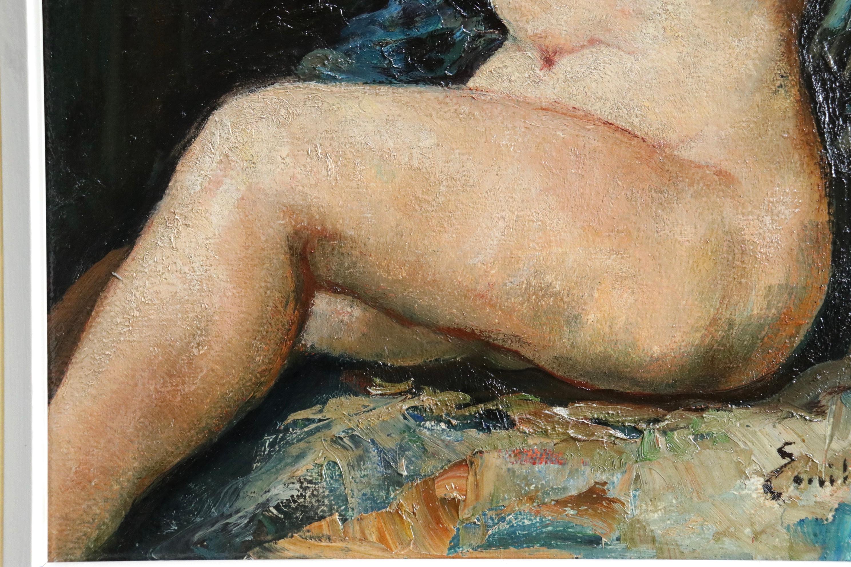 Oil on canvas by Emile Baes depicting a seated nude with a shawl draped over her shoulders and her face hidden as she looks away from the painter. Signed lower right. Framed dimensions are 28 inches high by 24 inches wide. 

Baes was a student of J.
