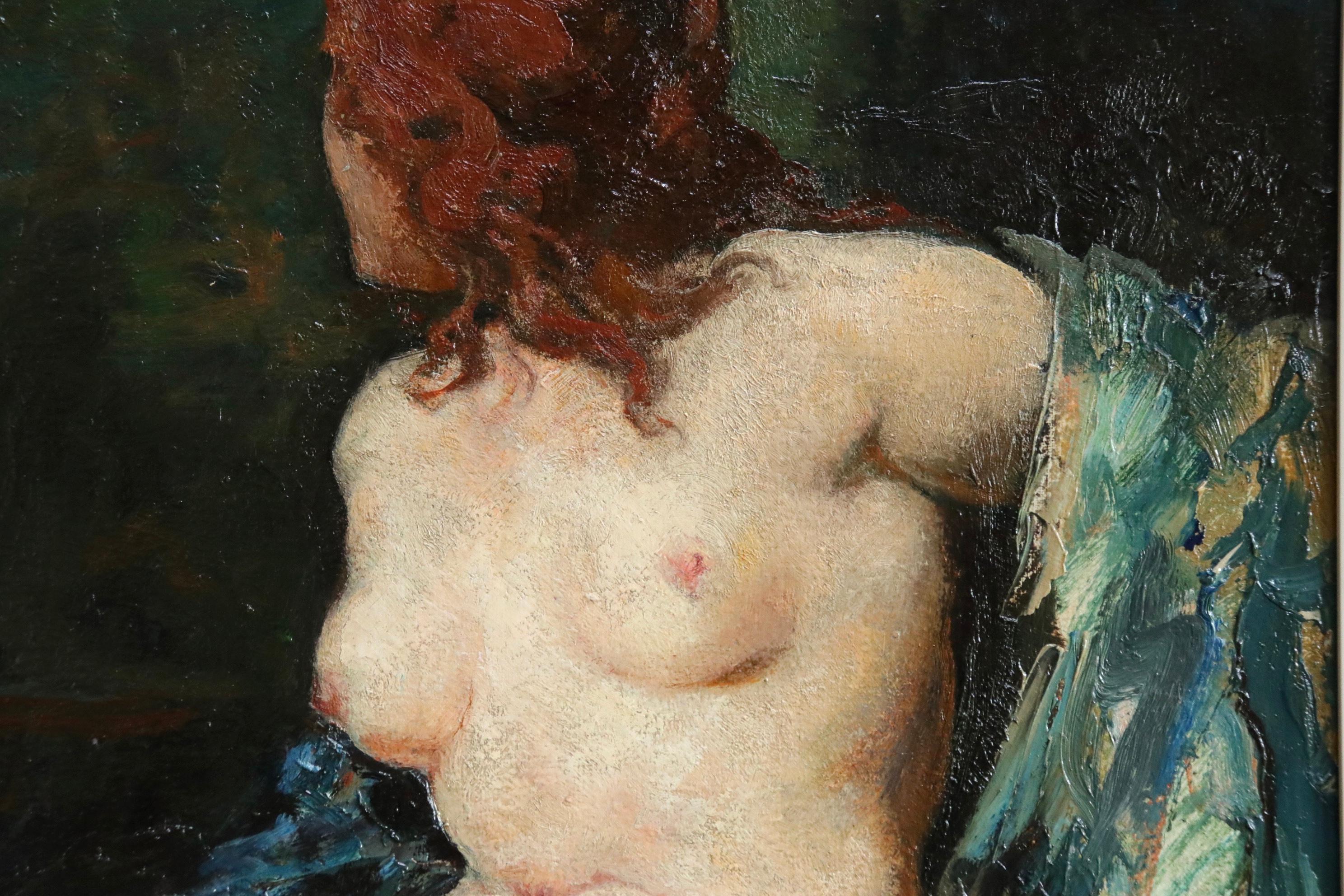 Nude - 20th Century Oil, Seated Nude Redhead Figure in Interior by Emile Baes 1