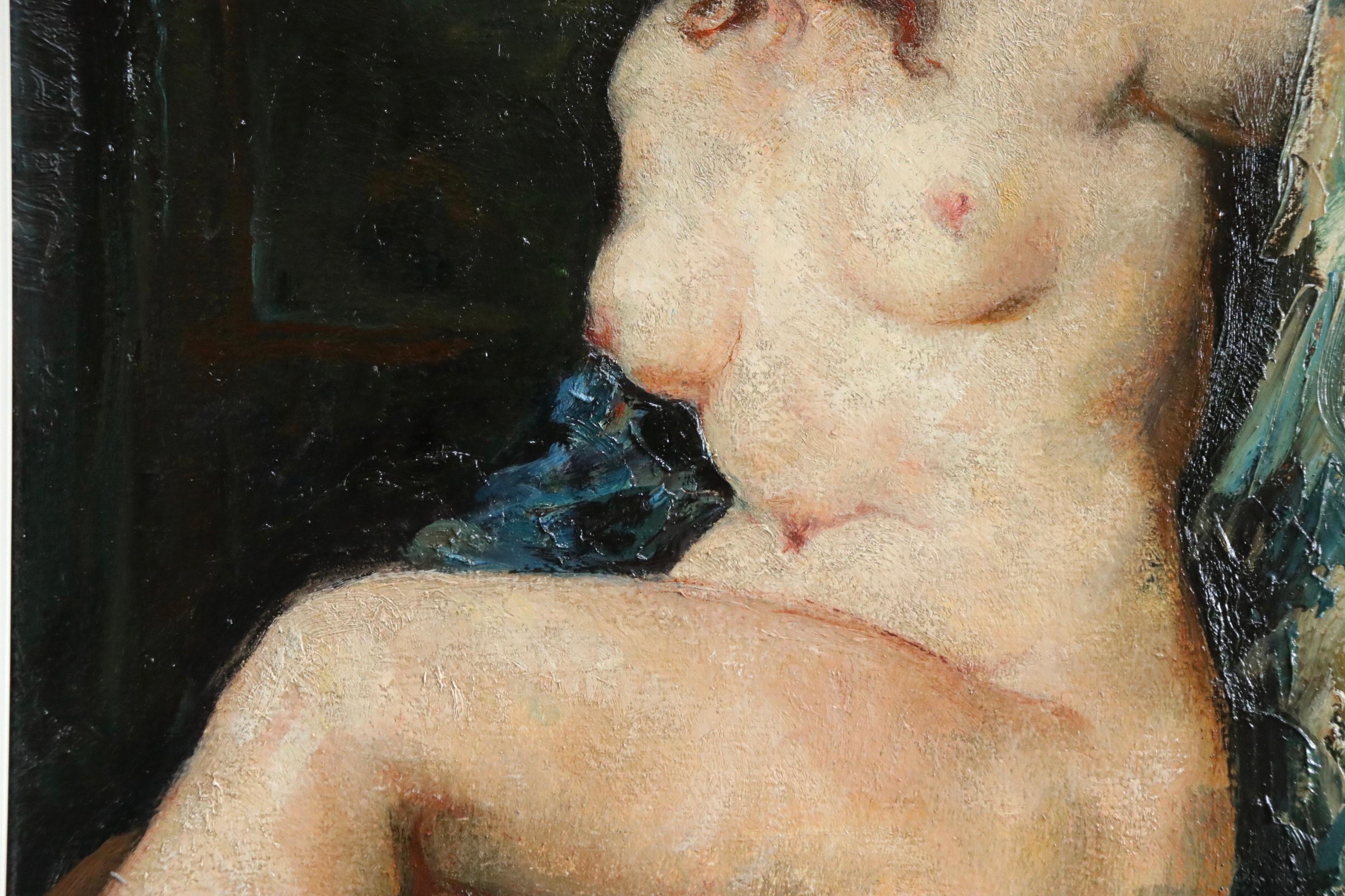 Nude - 20th Century Oil, Seated Nude Redhead Figure in Interior by Emile Baes 2