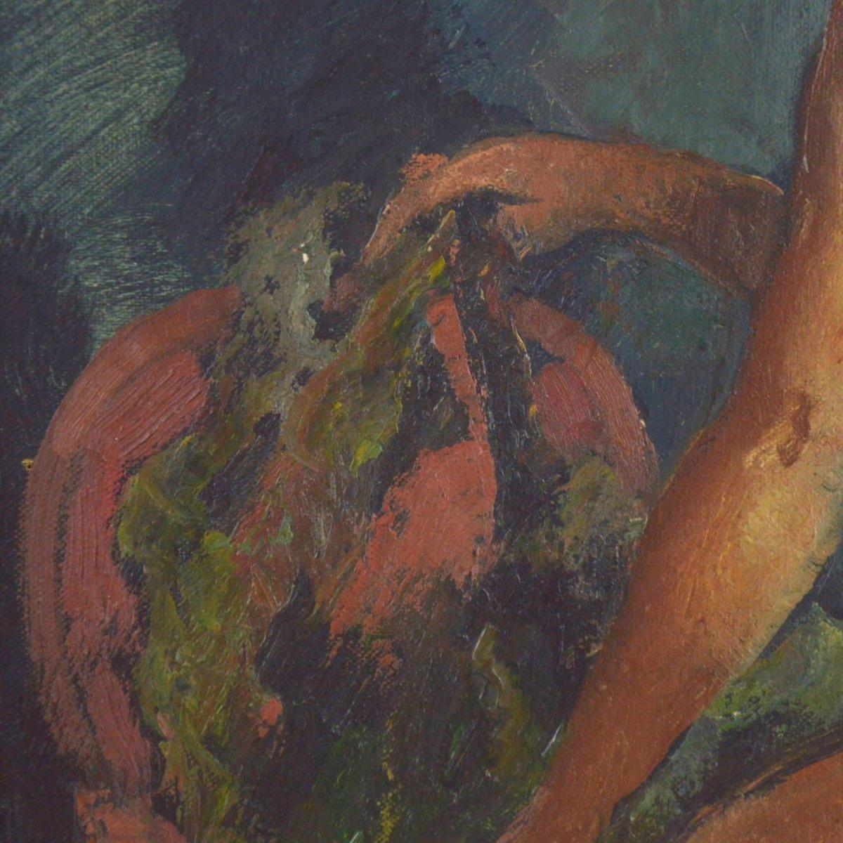 Nude woman and her chair, original antique oil on canvas, French school, 1920 c. - Impressionist Painting by Emile Baes