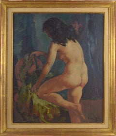 Nude woman and her chair, original antique oil on canvas, French school, 1920 c.