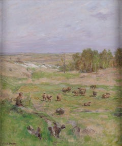 Cuadro antiguo al óleo sobre lienzo enmarcado: 'Pastor y oveja' de Emile Barau