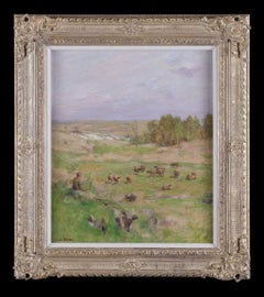 Antique Framed Oil on Canvas Painting: 'Shepherd and Sheep' by Emile Barau