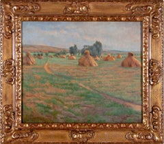 Early 20th Century French Landscape Harvest Field Oil Painting