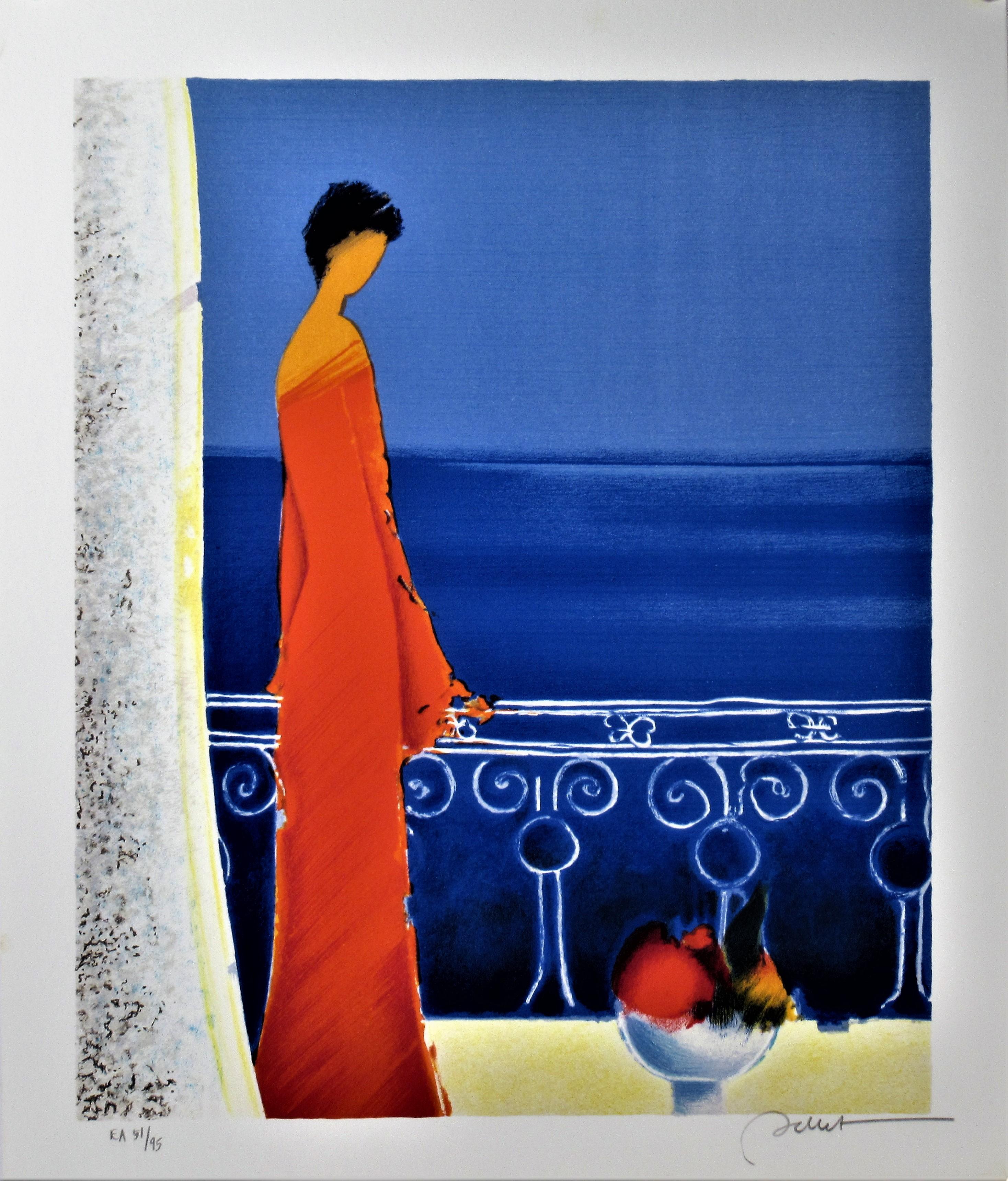 Emile Bellet Landscape Print - Femme en Rouge (Woman in Red)