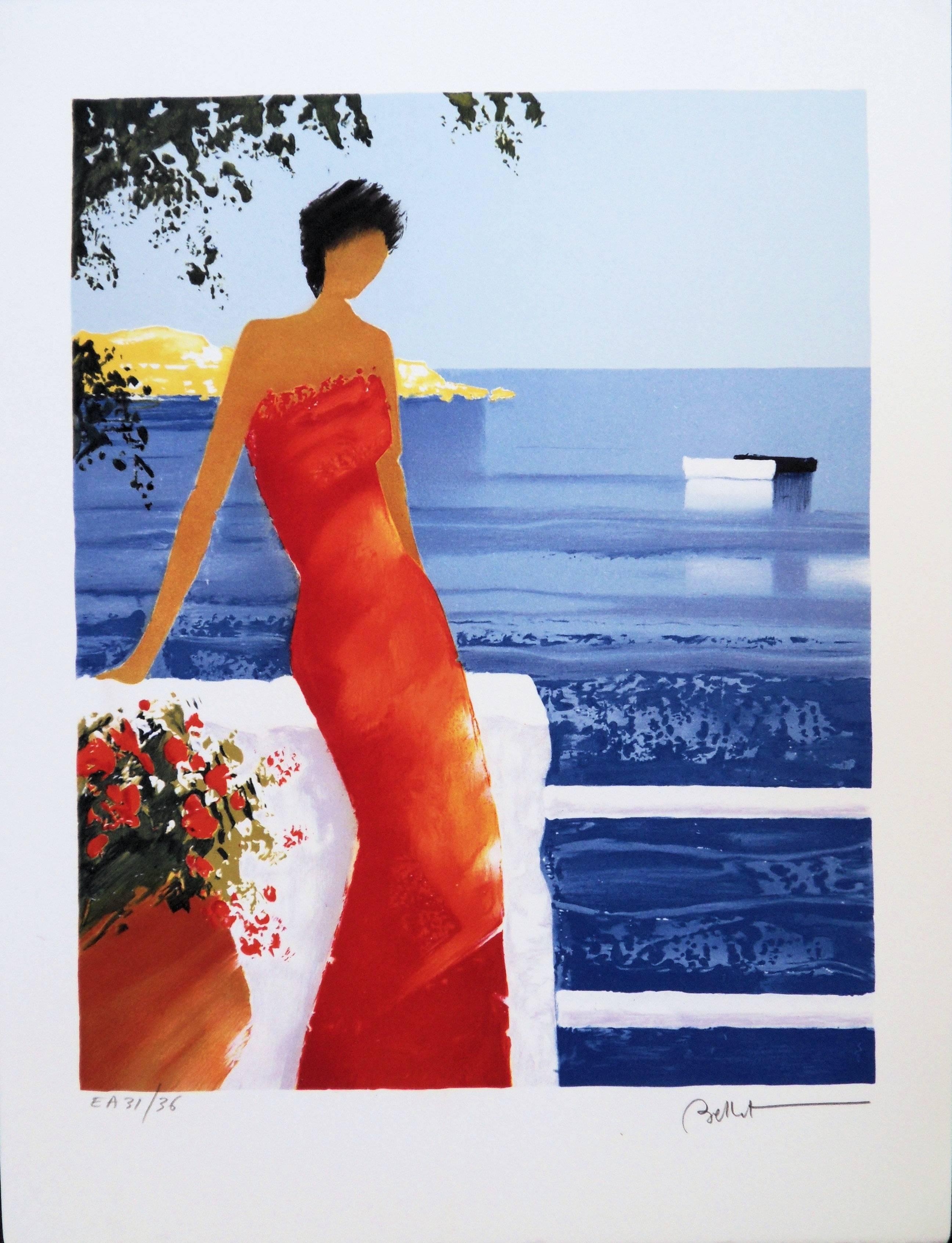 Emile Bellet Figurative Print - Woman in a Red Dress in Santorini - Handsigned lithograph