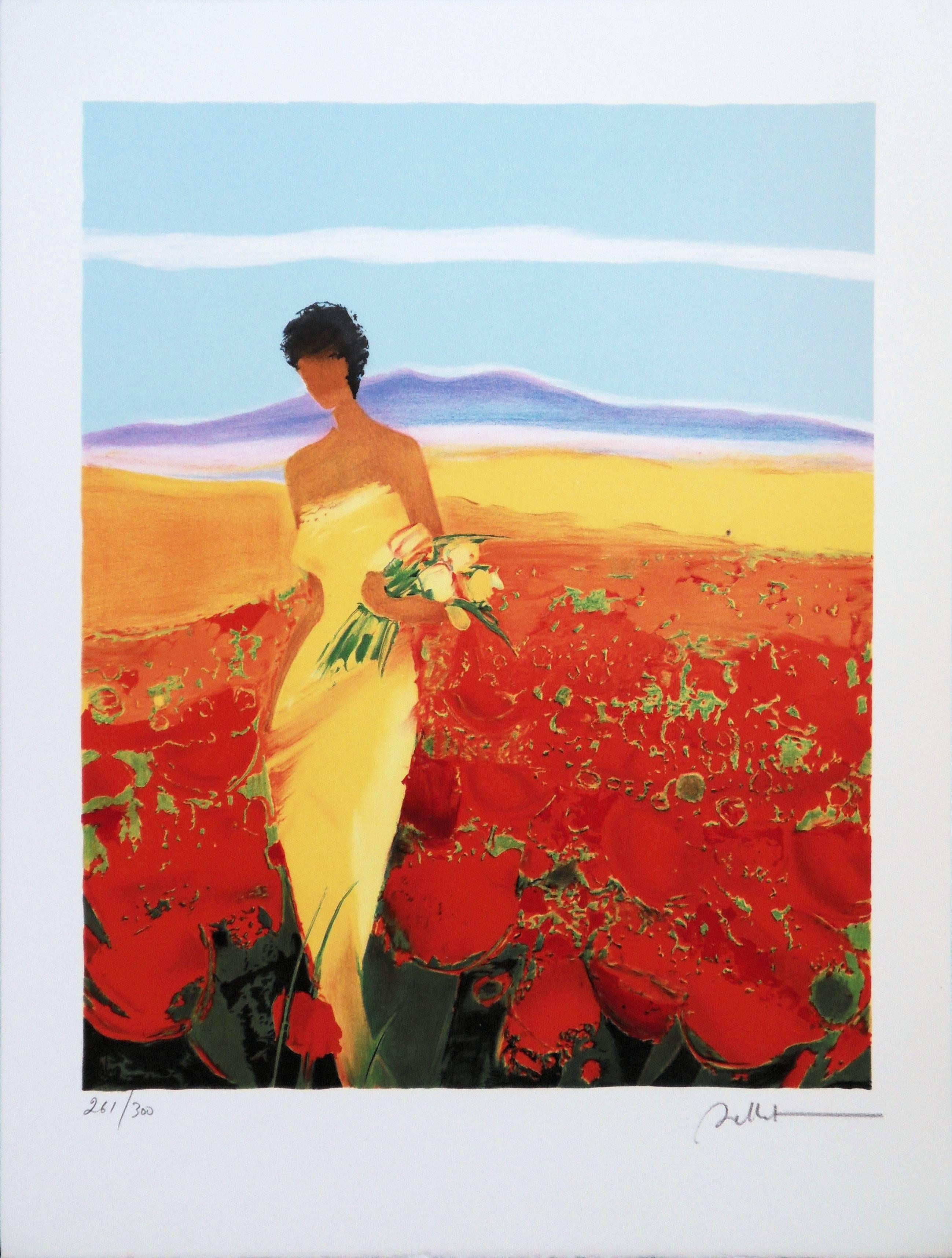 Emile Bellet Figurative Print - Woman in a Yellow Dress in a Poppies Field - Handsigned lithograph