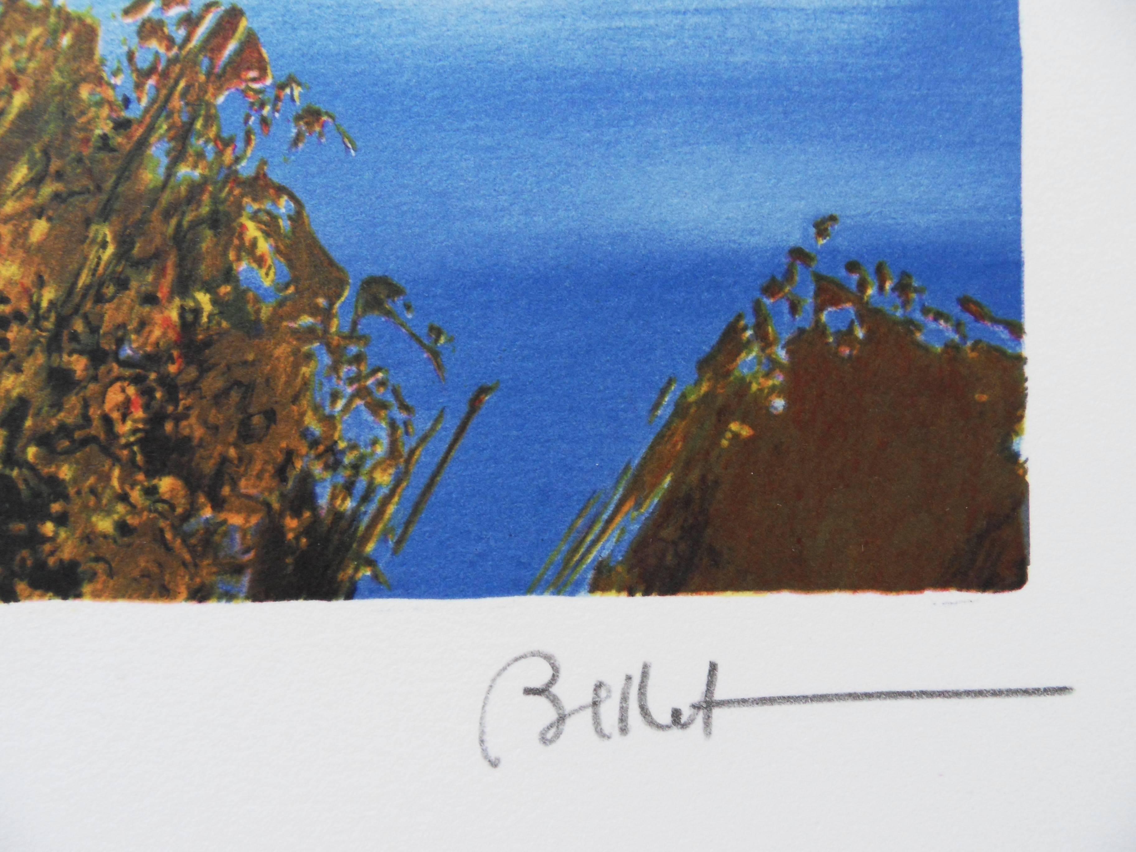 Woman in a Yellow Dress in the French Riviera - Handsigned lithograph - Print by Emile Bellet