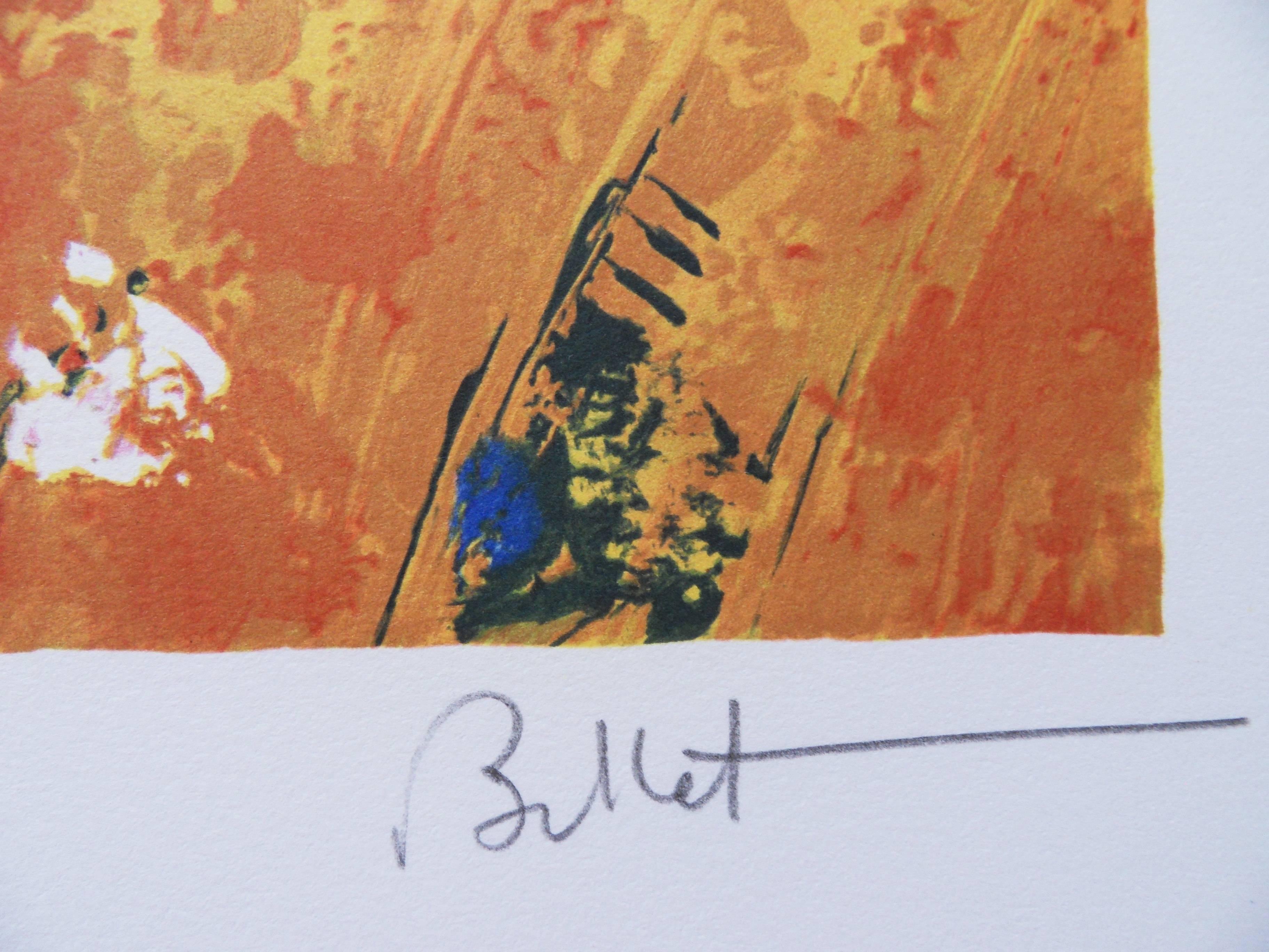 Woman in Red mit Blumenstrauß aus Wildblumen - Handsignierte Lithographie – Print von Emile Bellet