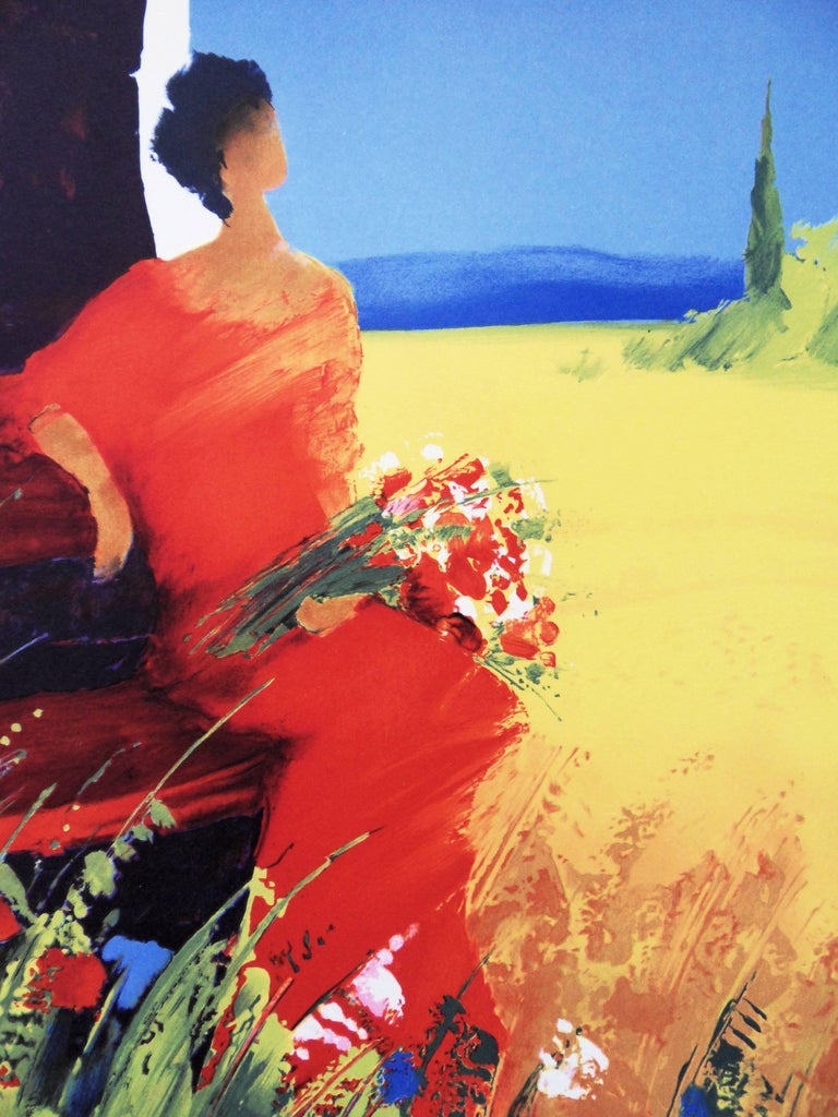 Woman in Red with Bouquet of Wild Flowers - Handsigned lithograph - Modern Print by Emile Bellet