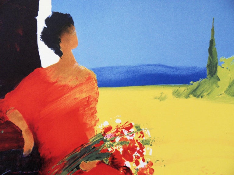 Woman in Red with Bouquet of Wild Flowers - Handsigned lithograph - Blue Figurative Print by Emile Bellet