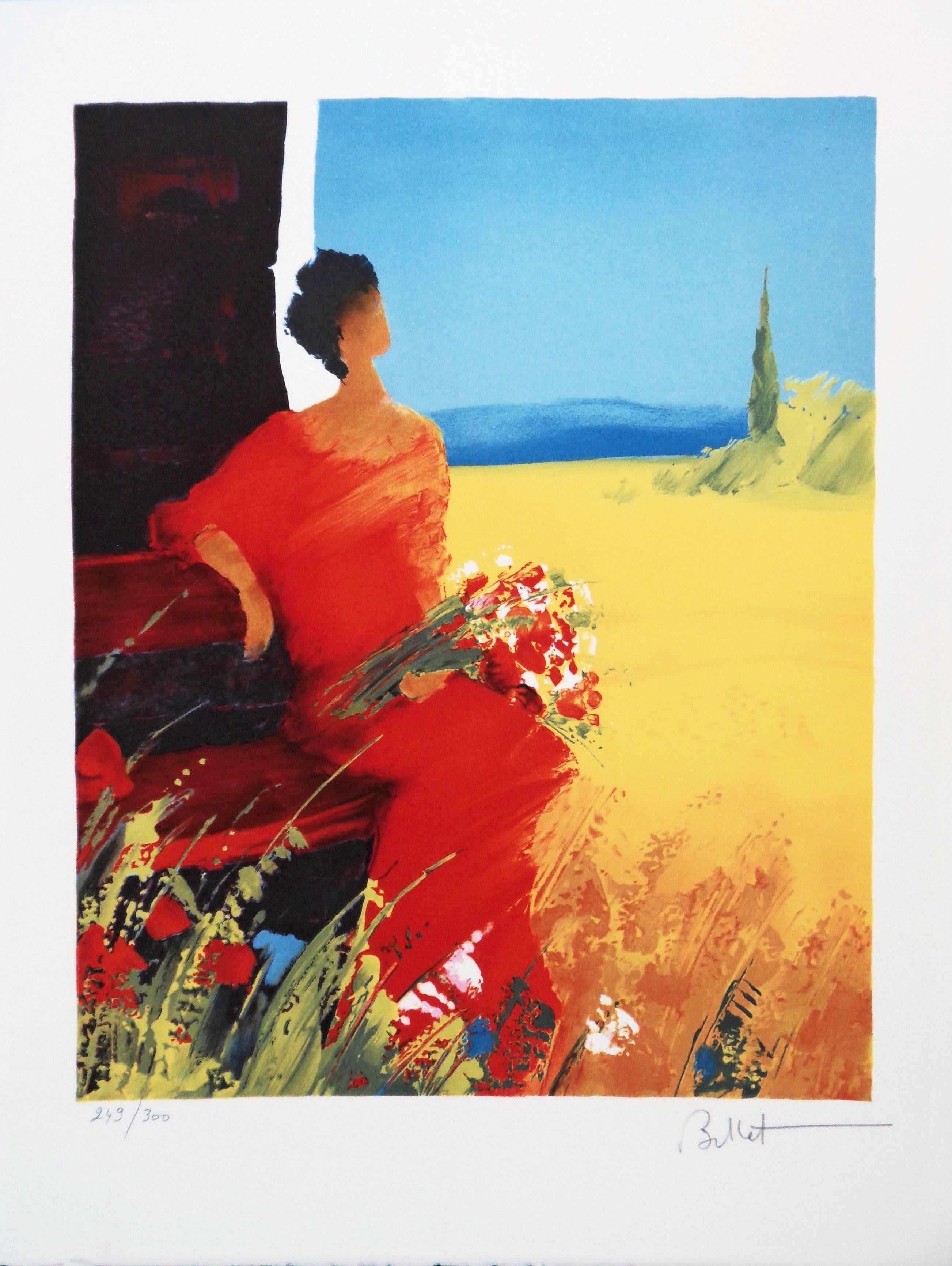 Emile Bellet Figurative Print - Woman in Red with Bouquet of Wild Flowers - Handsigned lithograph