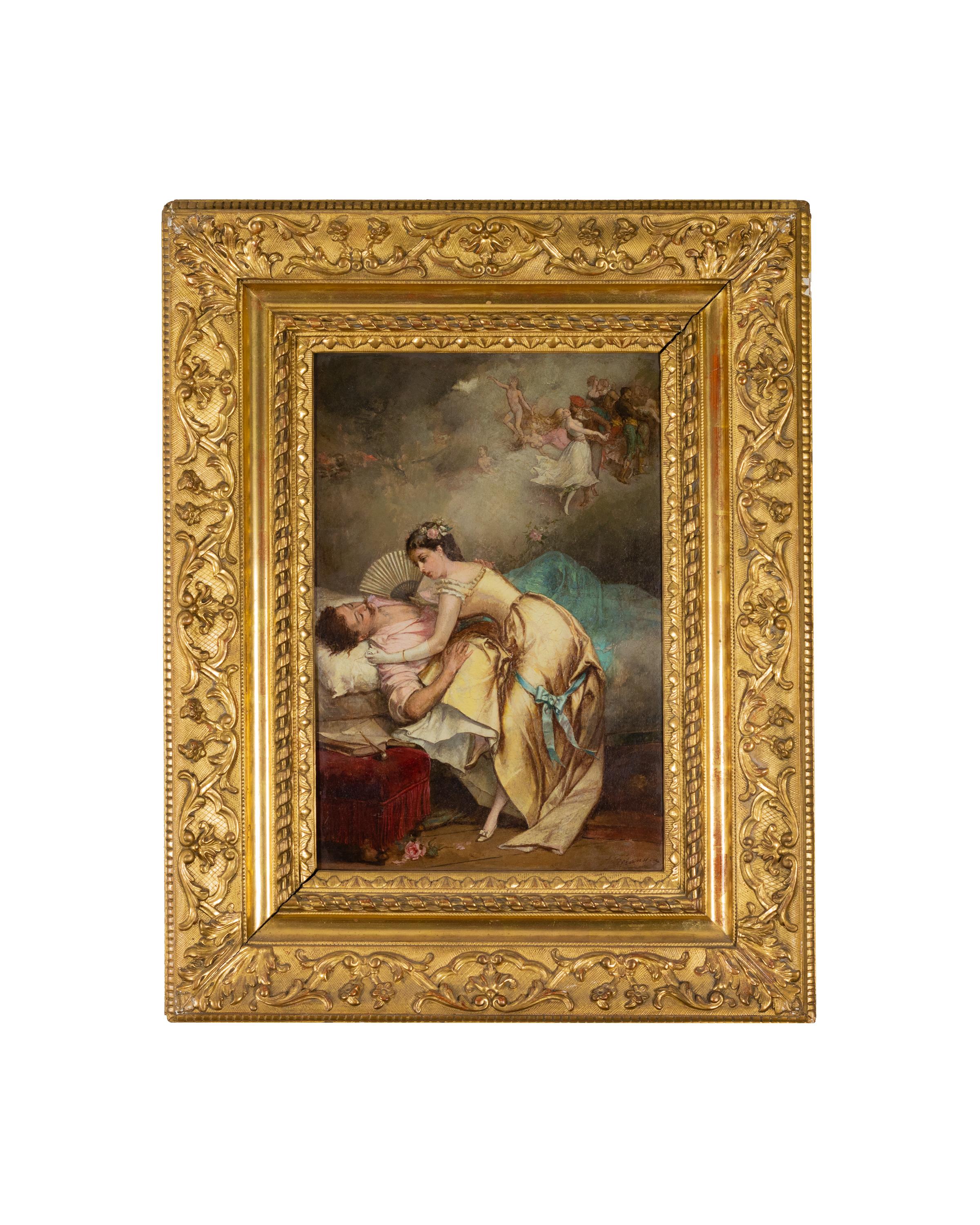 Tableau du XIXe siècle représentant un couple d'amoureux / scène galante d'inspiration gréco-romaine de l'école d'Antoine Watteau Watteau par Jean Baptiste Emile Béranger.

Signature 