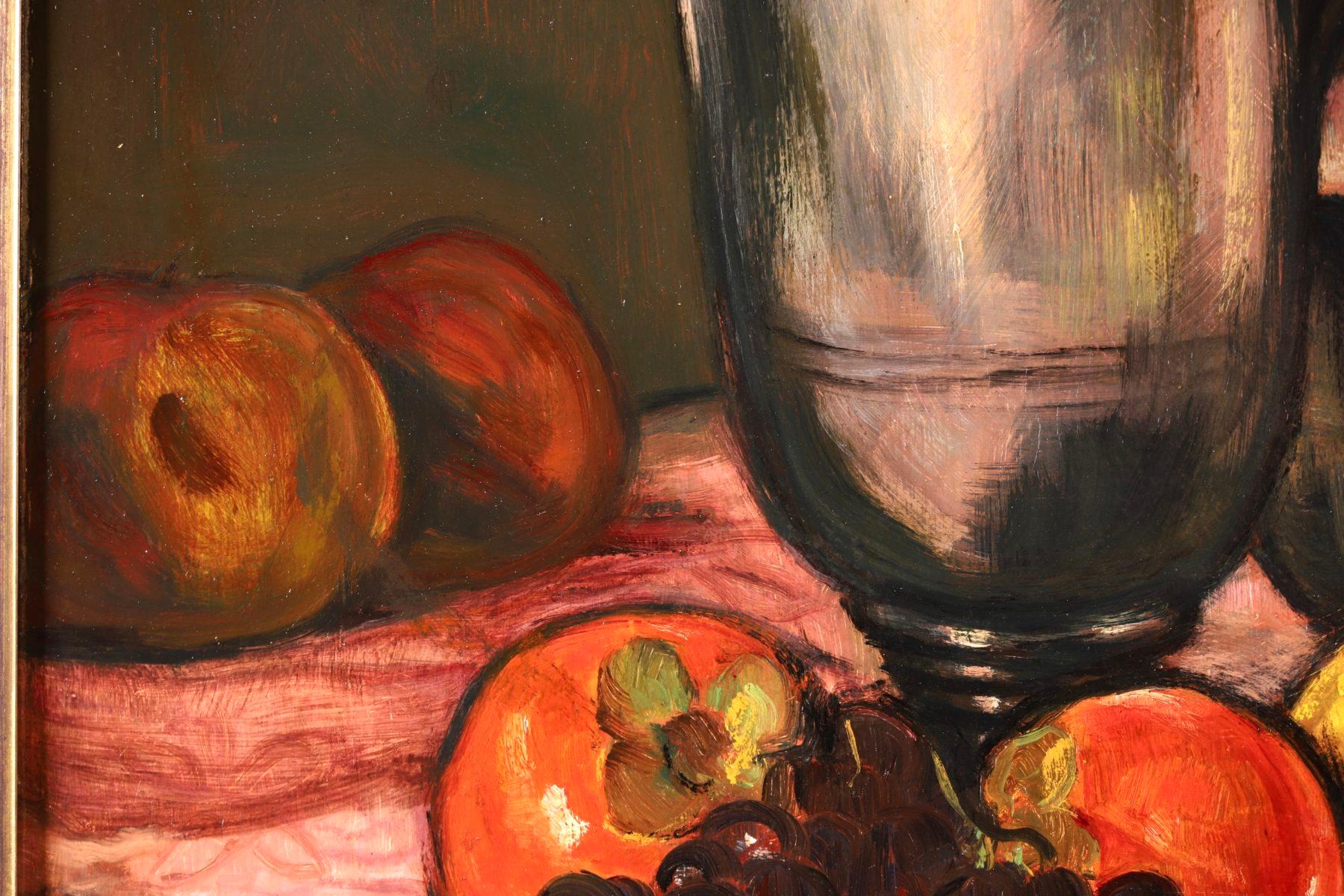 A wonderful oil on panel by French post impressionist painter Emile Bernard depicting persimmon, lemons and red grapes on a red patterned table cloth beside a pewter jug and cup. 

Signature:
Signed upper left

Dimensions:
Framed: 27