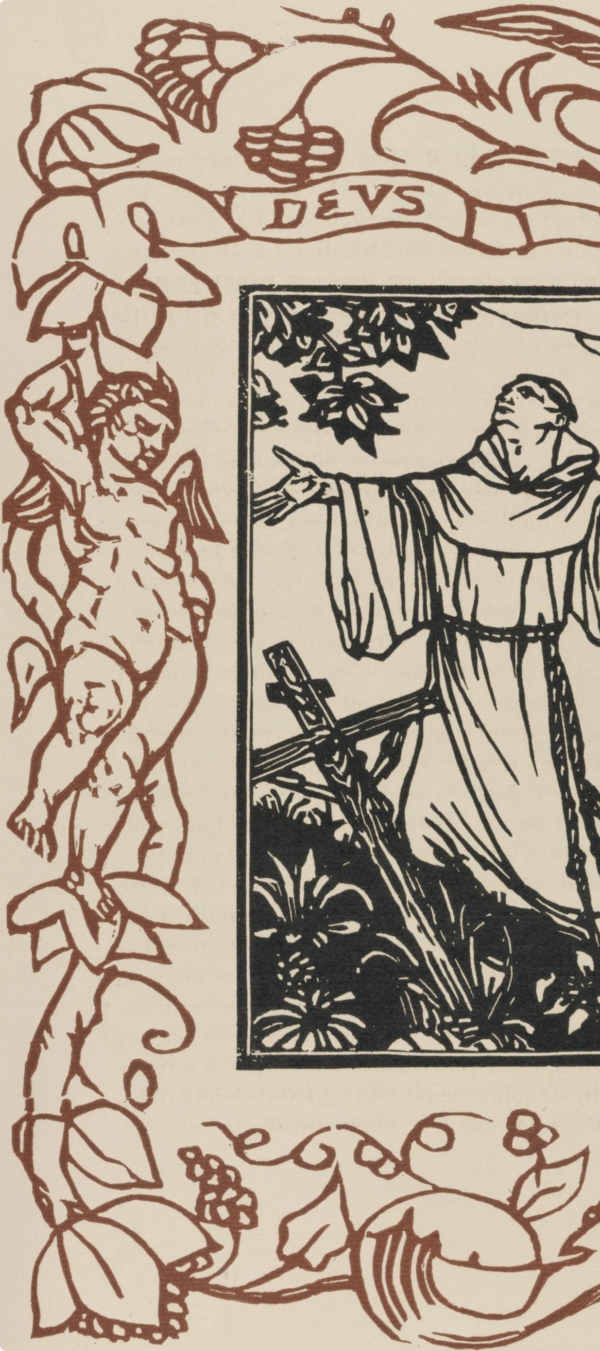 Gravure sur bois sur papier vergé d'Arches. Inscription : non signé et non numéroté, tel que publié. Bon état. Notes : Extrait du volume Les Petites Fleurs de St. François, 1928. Publié par Ambroise Vollard, éditeur, Paris ; imprimé par l'imprimerie