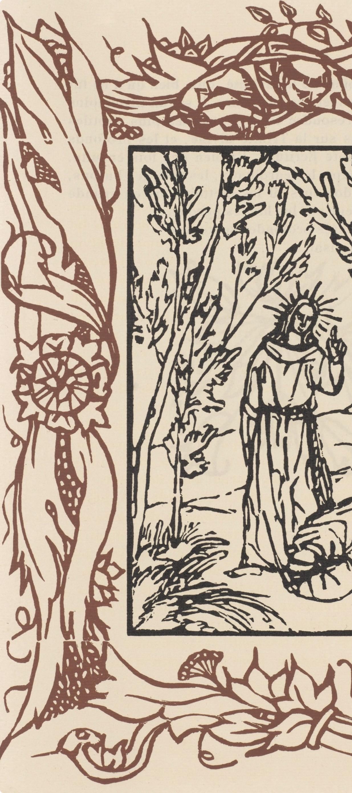 Wood engraving on vergé d'Arches paper. Inscription: unsigned and unnumbered, as issued. Good condition. Notes: From the volume, Les Petites Fleurs de St. François, 1928. Published by Ambroise Vollard, éditeur, Paris; printed by l'imprimerie Féquet