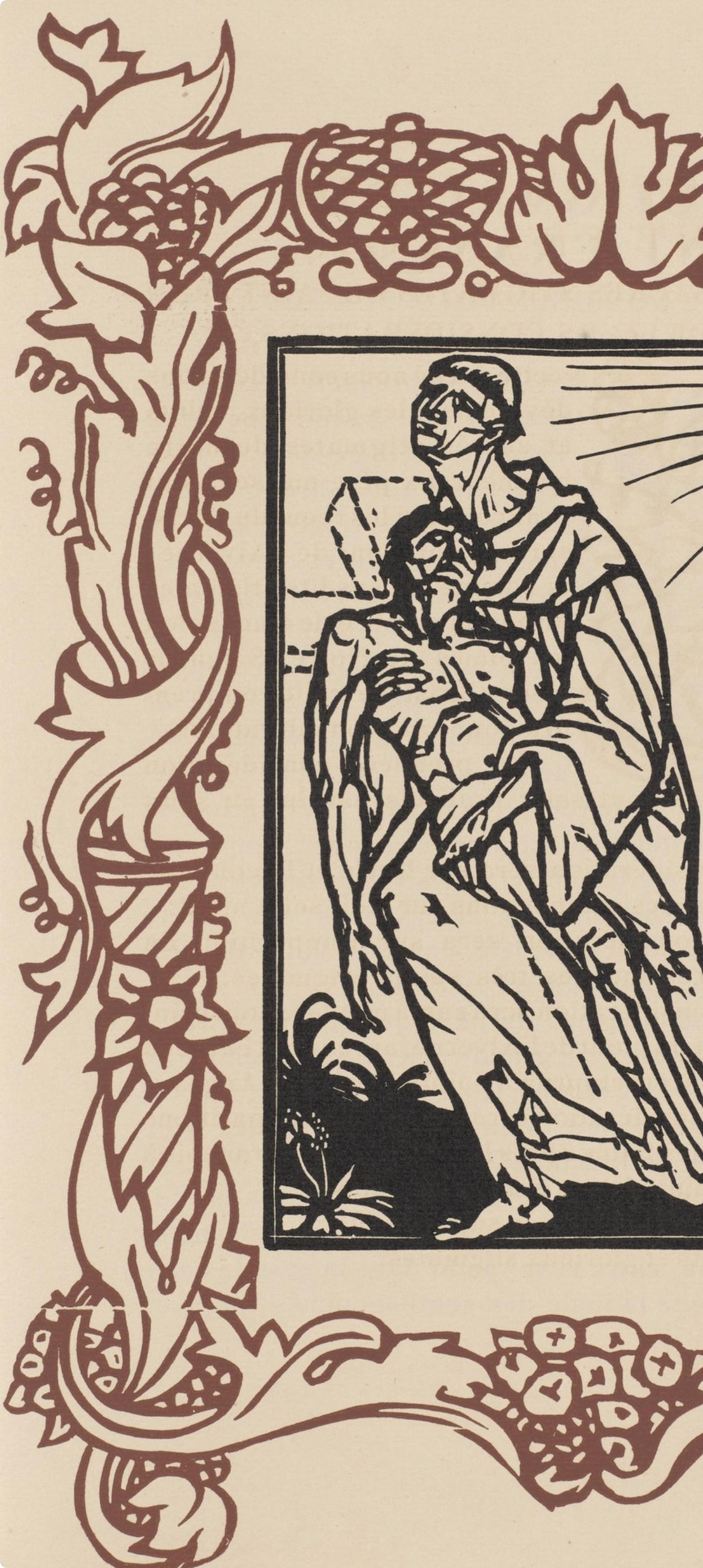 Wood engraving on vergé d'Arches paper. Inscription: unsigned and unnumbered, as issued. Good condition. Notes: From the volume, Les Petites Fleurs de St. François, 1928. Published by Ambroise Vollard, éditeur, Paris; printed by l'imprimerie Féquet