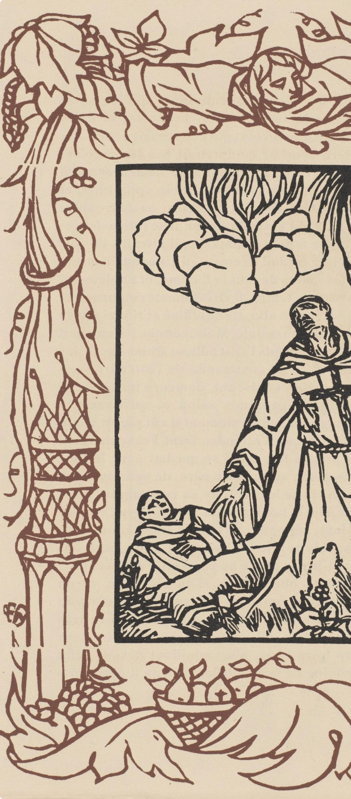 Grabado en madera sobre papel vergé d'Arches. Inscripción: sin firmar y sin numerar, tal como se emitió. Buen estado. Notas: Del volumen Les Petites Fleurs de St. François, 1928. Publicado por Ambroise Vollard, éditeur, París; impreso por