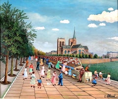 Booksellers at Notre Dame - Mid 20th Century French Paris Seine River Painting
