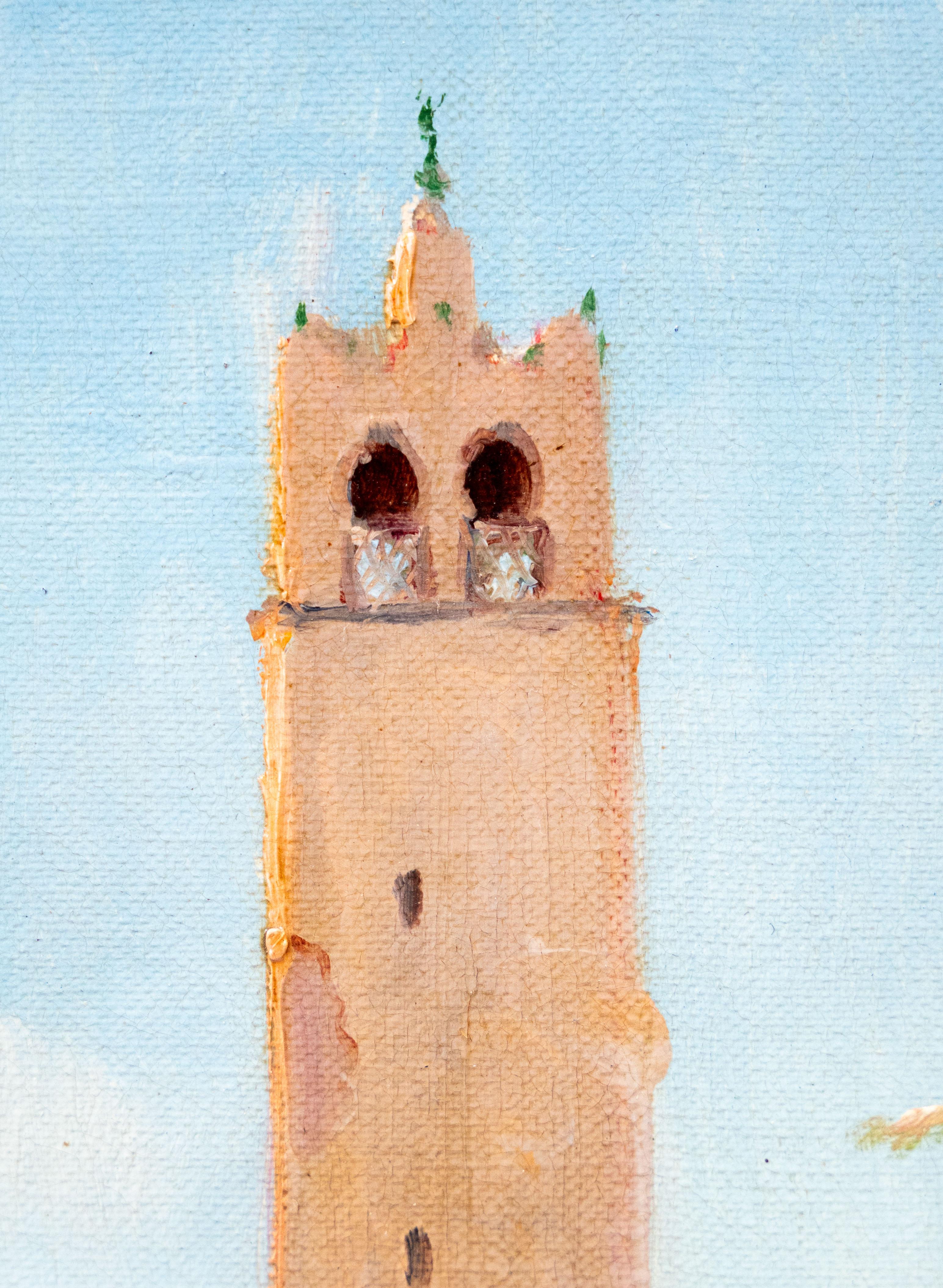 Dieses stimmungsvolle orientalistische Gemälde von Emilie Boivin (1846-1920) fängt einen Moment des täglichen Lebens an der Schwelle einer Stadt im Nahen Osten ein. In der Mitte der Komposition geht ein Mann auf einem Kamel durch ein gewölbtes Tor