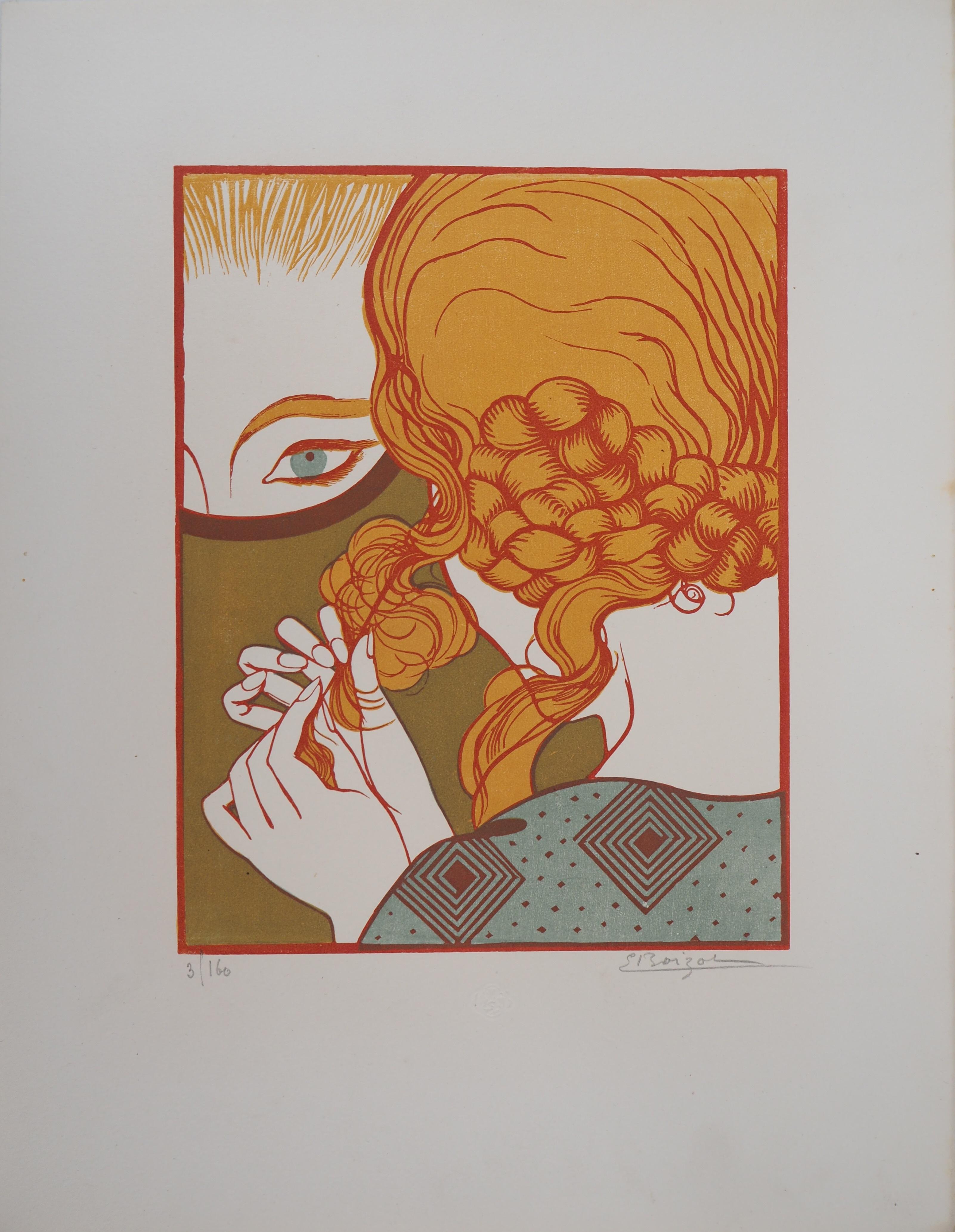 Art Deco : The Mirror - Original wooodcut, Handsigned and Numbered - Gray Landscape Print by Emile BOIZOT